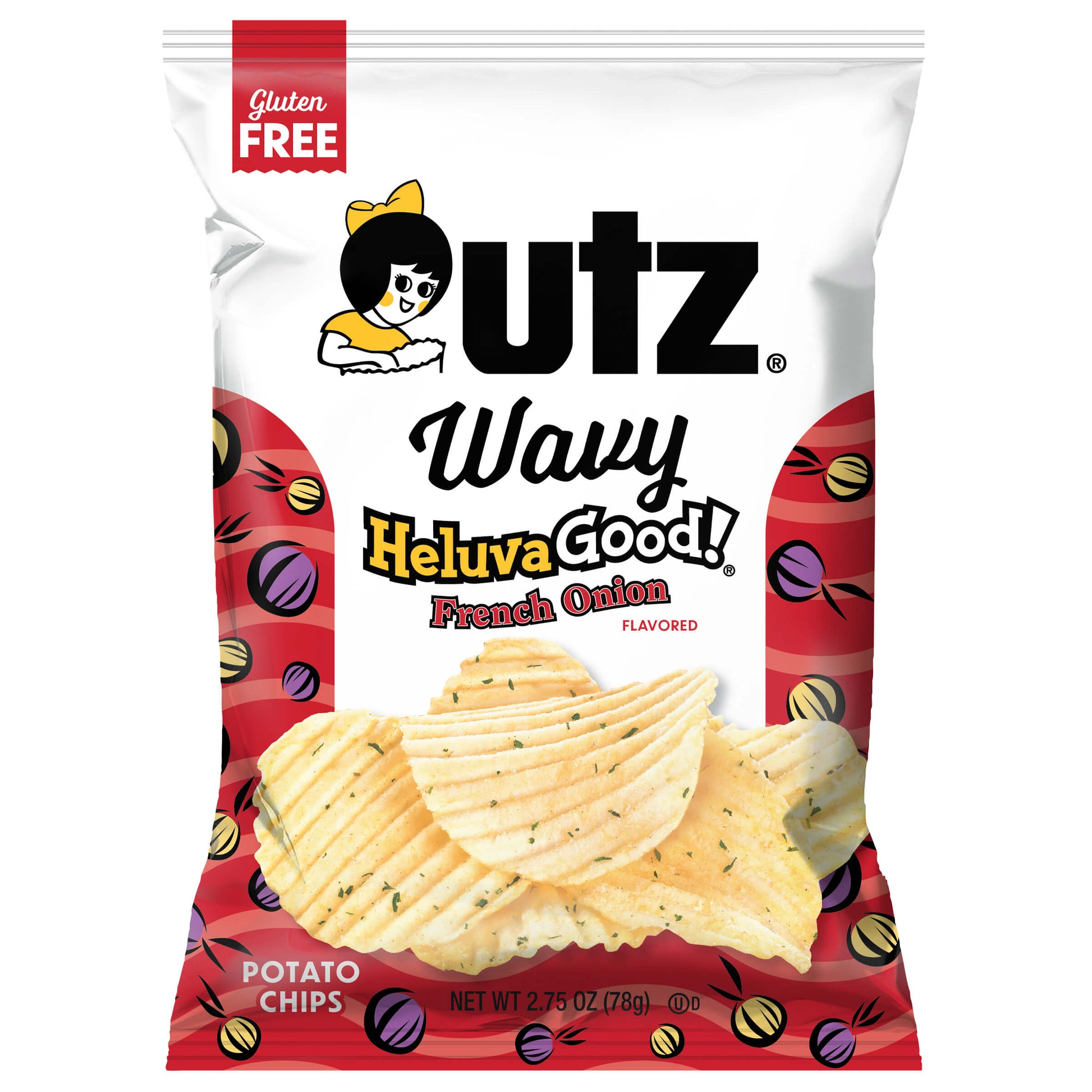 UTZ Wavy Heluva Good! French Onion flavored potato chips packaging on a white background