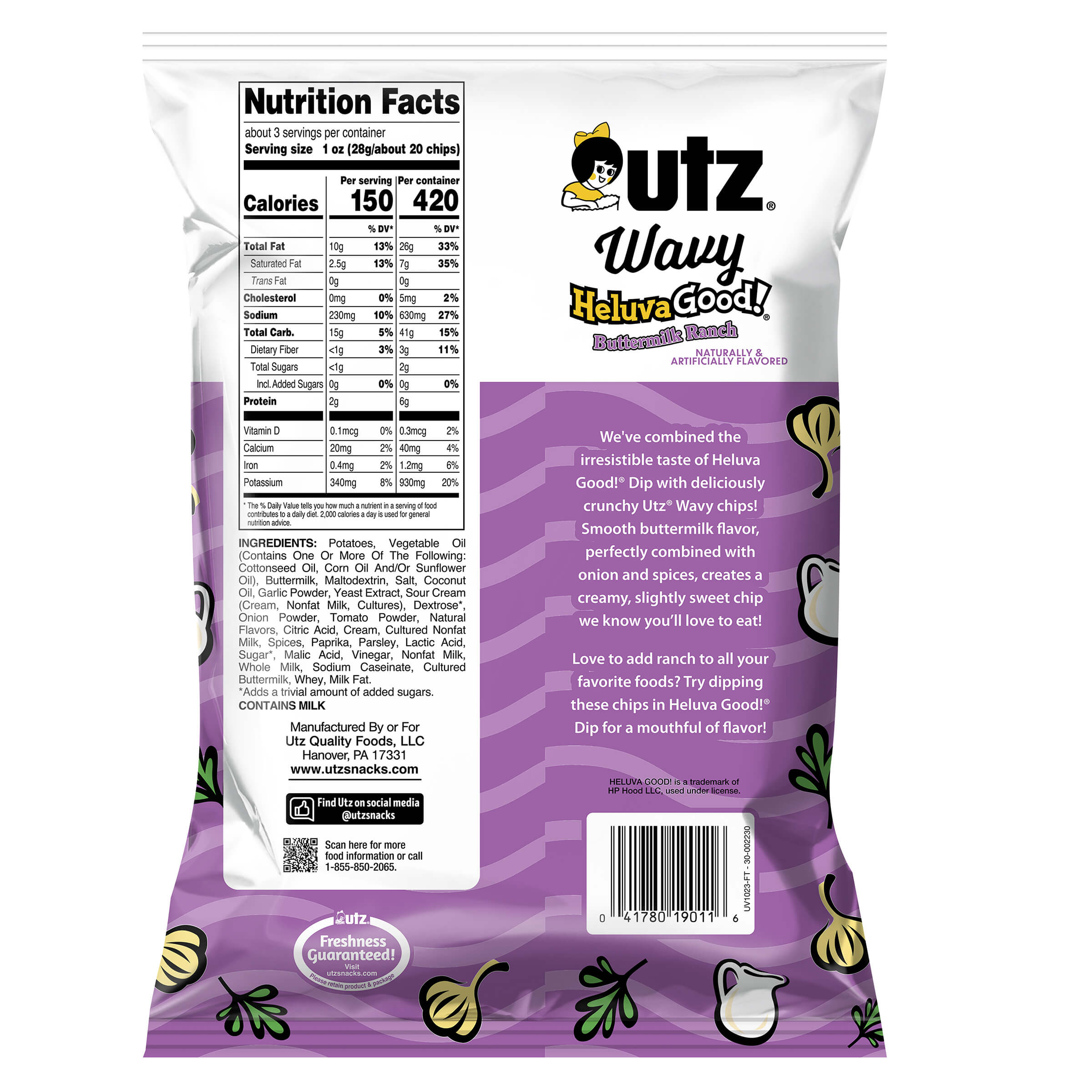 Back of a Outz Wavy Heluva Good! chip bag with nutritional information and branding.