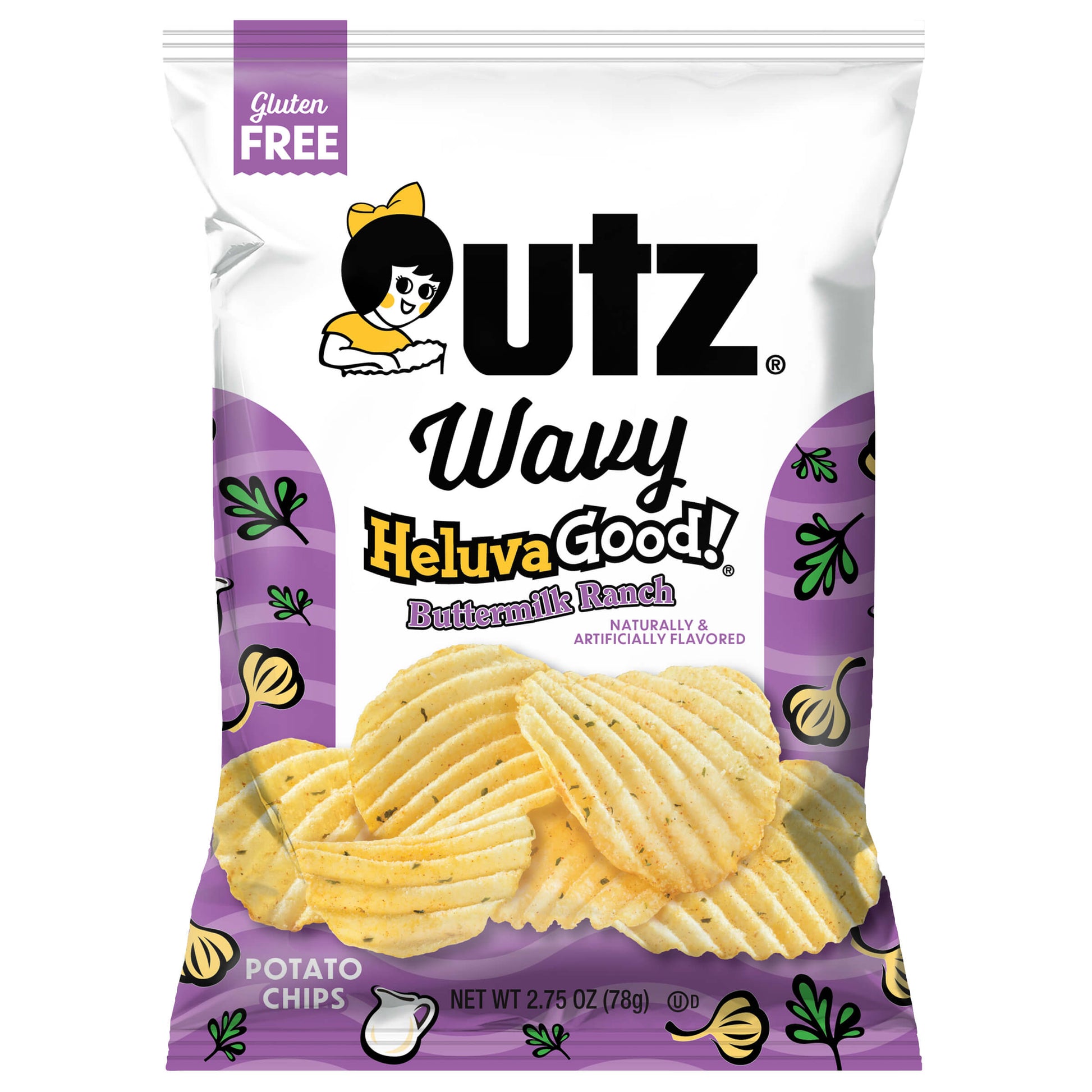 Outz Wavy Heluva Good! Buttermilk Ranch potato chips packaging on a white background