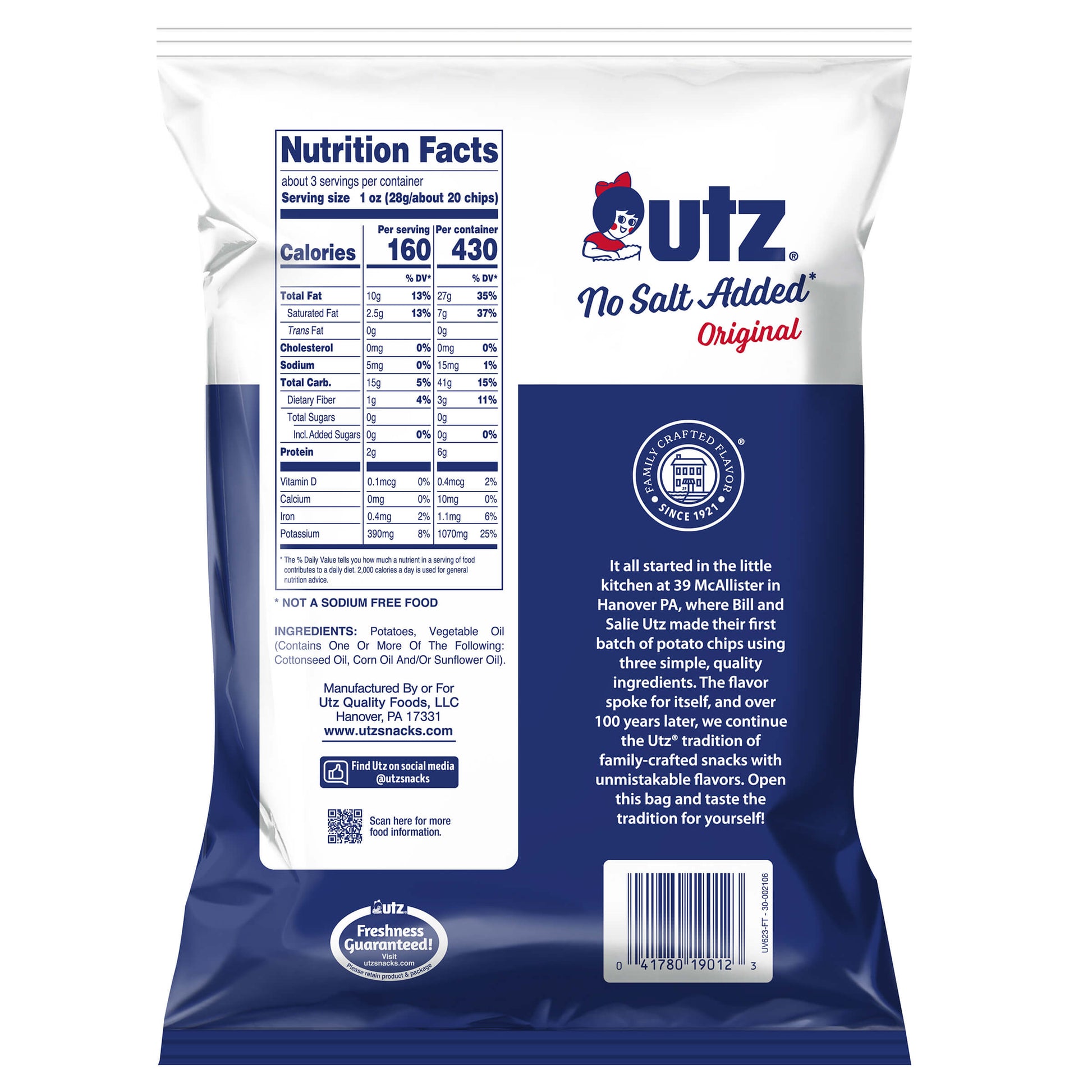 Utz no salt added original potato chips packaging with nutrition facts label.
