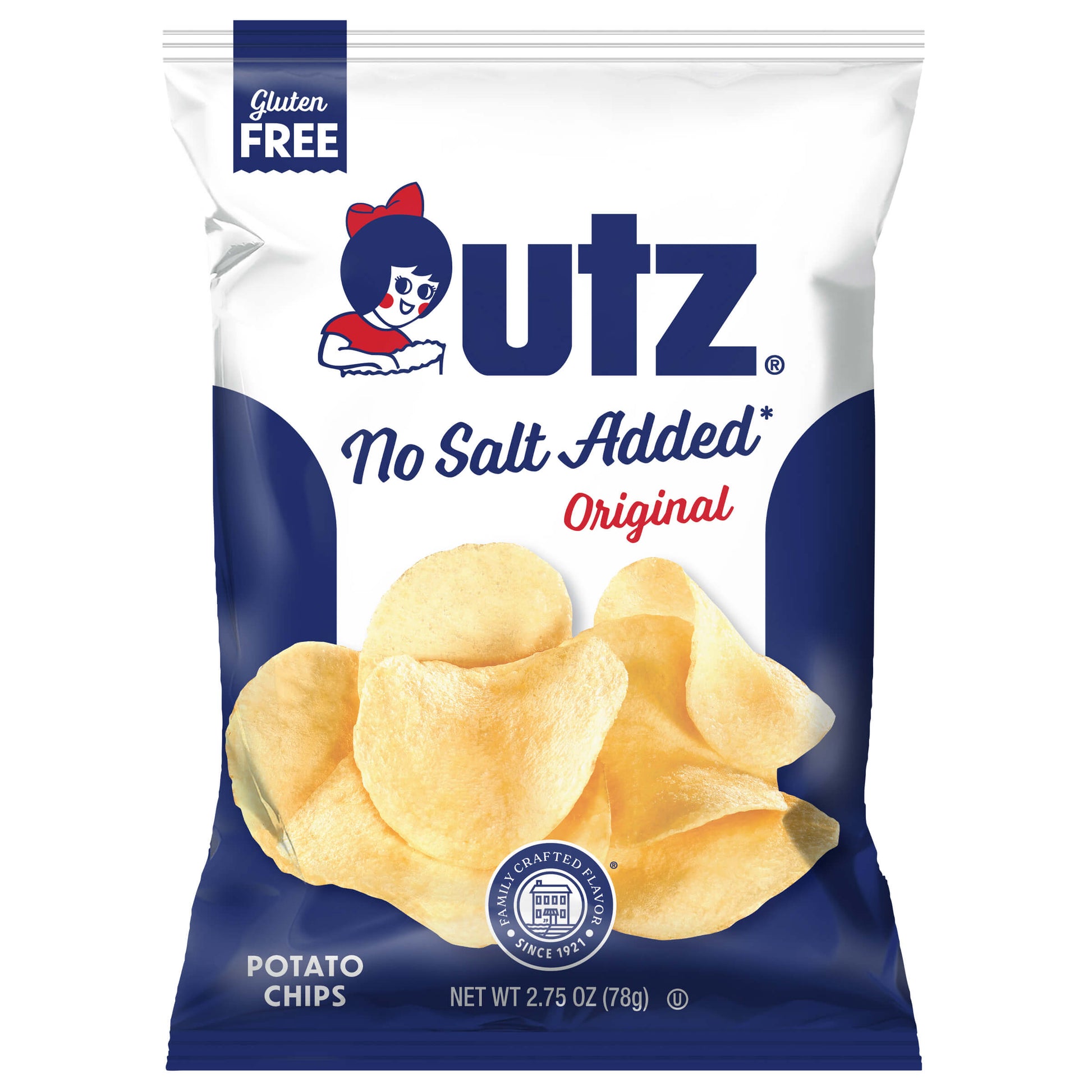Utz no salt added original potato chips packaging on a white background