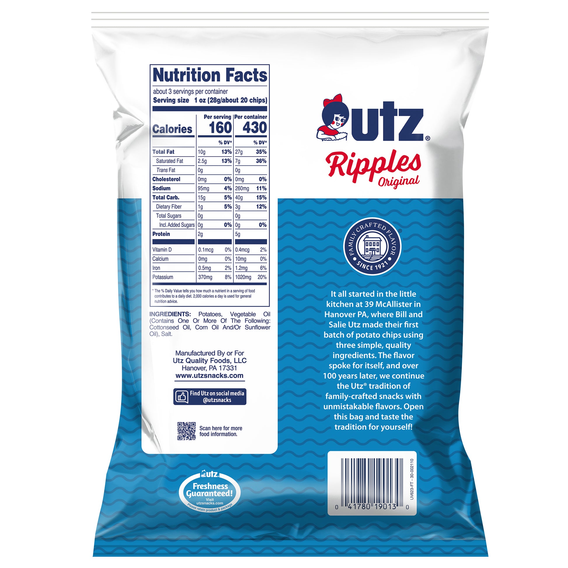 Back view of a bag of Utz Ripples Original potato chips with nutrition facts and branding details.