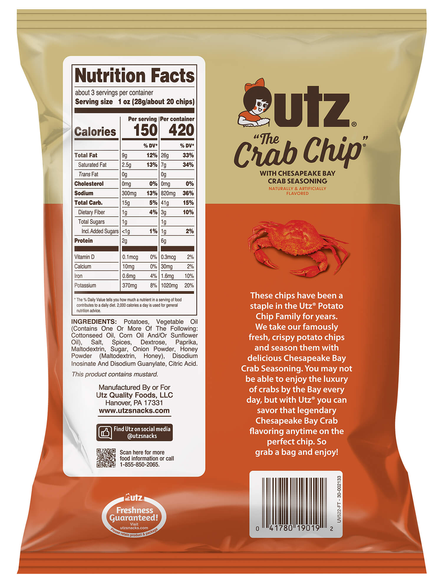 Outz Crab Chip packaging with nutrition facts and ingredients list.