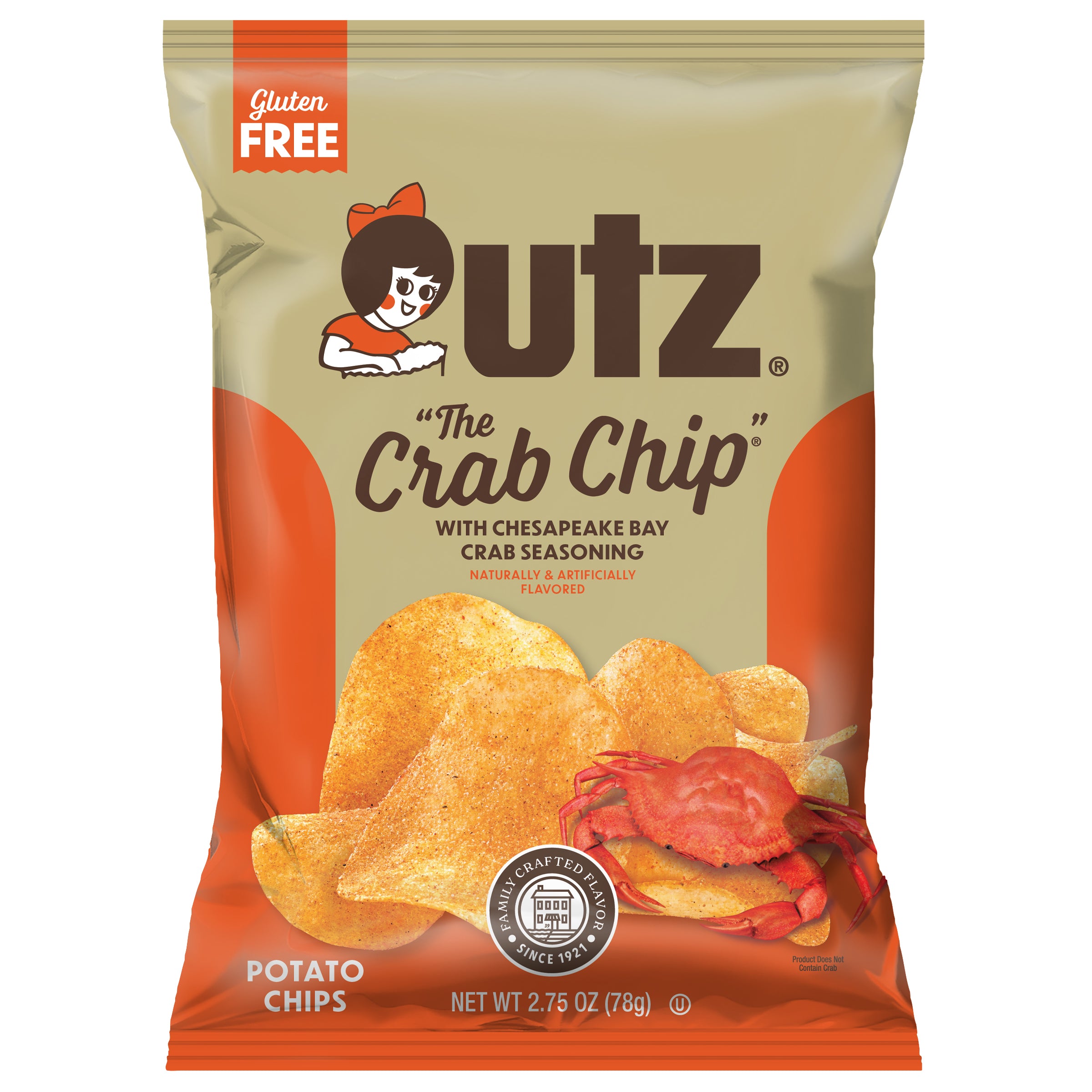 Packaging of Utz The Crab Chip potato chips with crab illustration on a white background