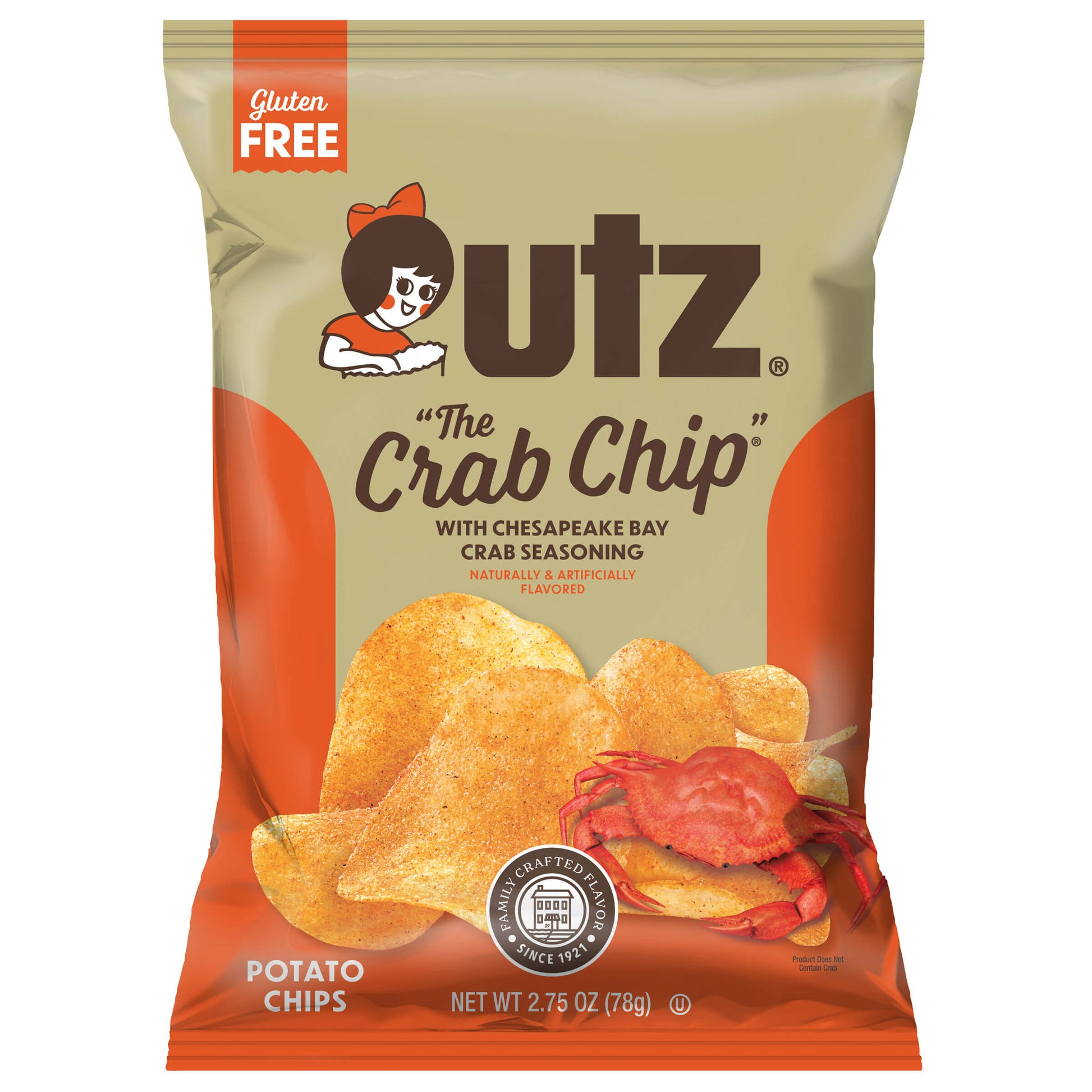 Packaging of Utz The Crab Chip potato chips with a crab illustration on a white background