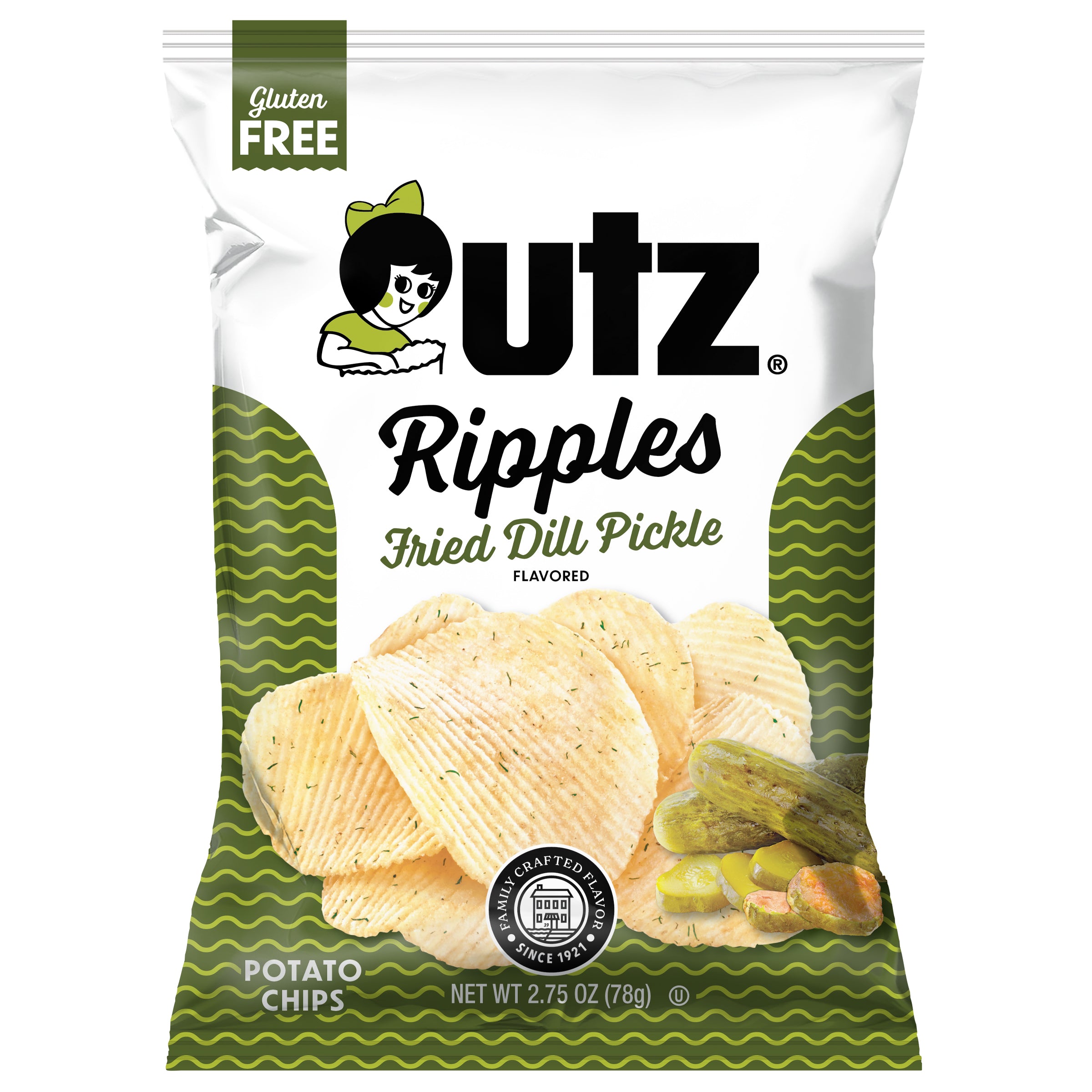 utz Ripples Fried Dill Pickle flavored potato chips packaging on a white background