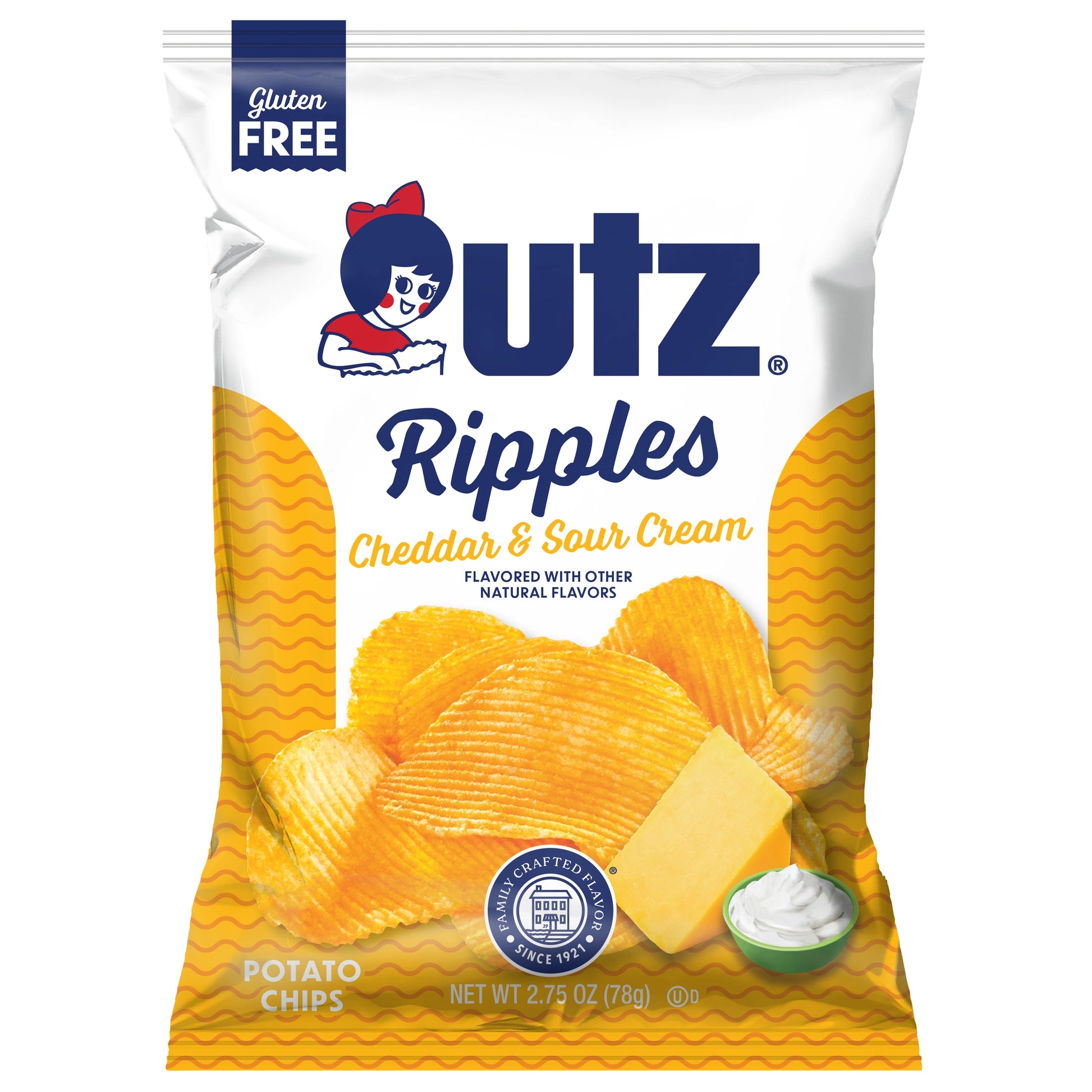 Packaging of Utz Ripples Cheddar & Sour Cream potato chips on a white background