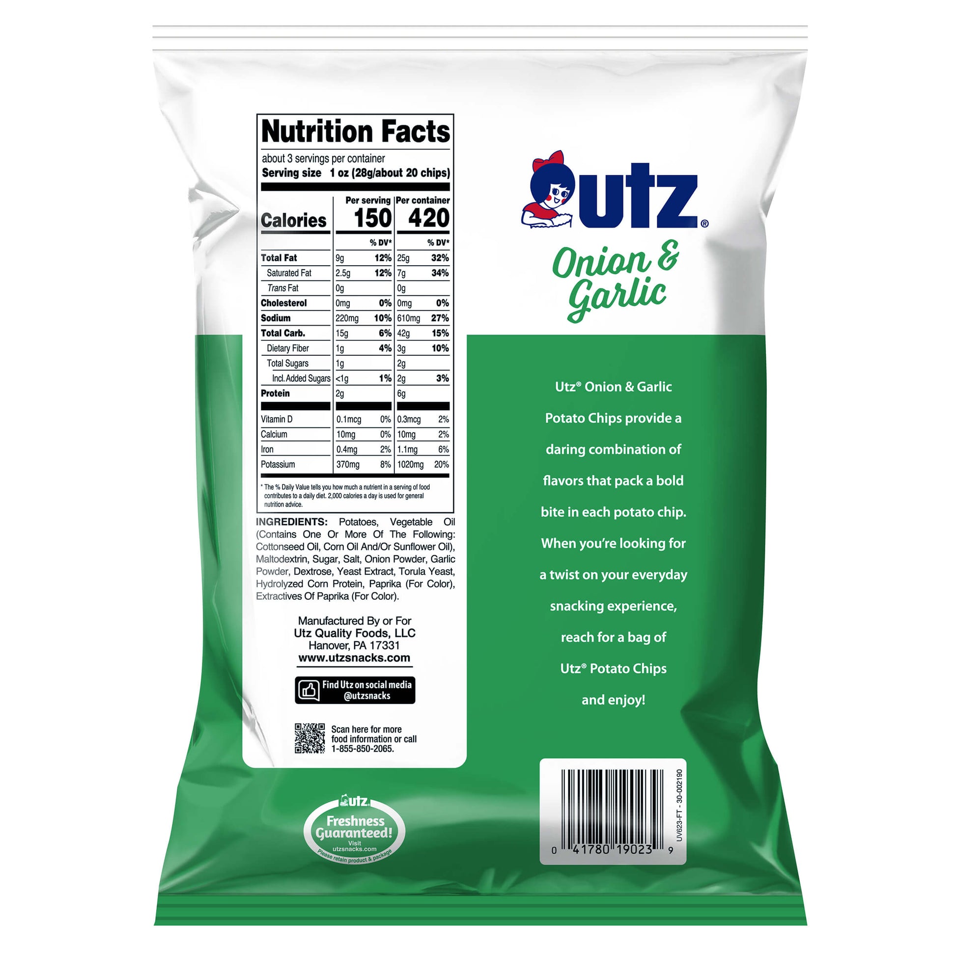 Outz Onion & Garlic potato chips packaging with nutrition facts label on a white background