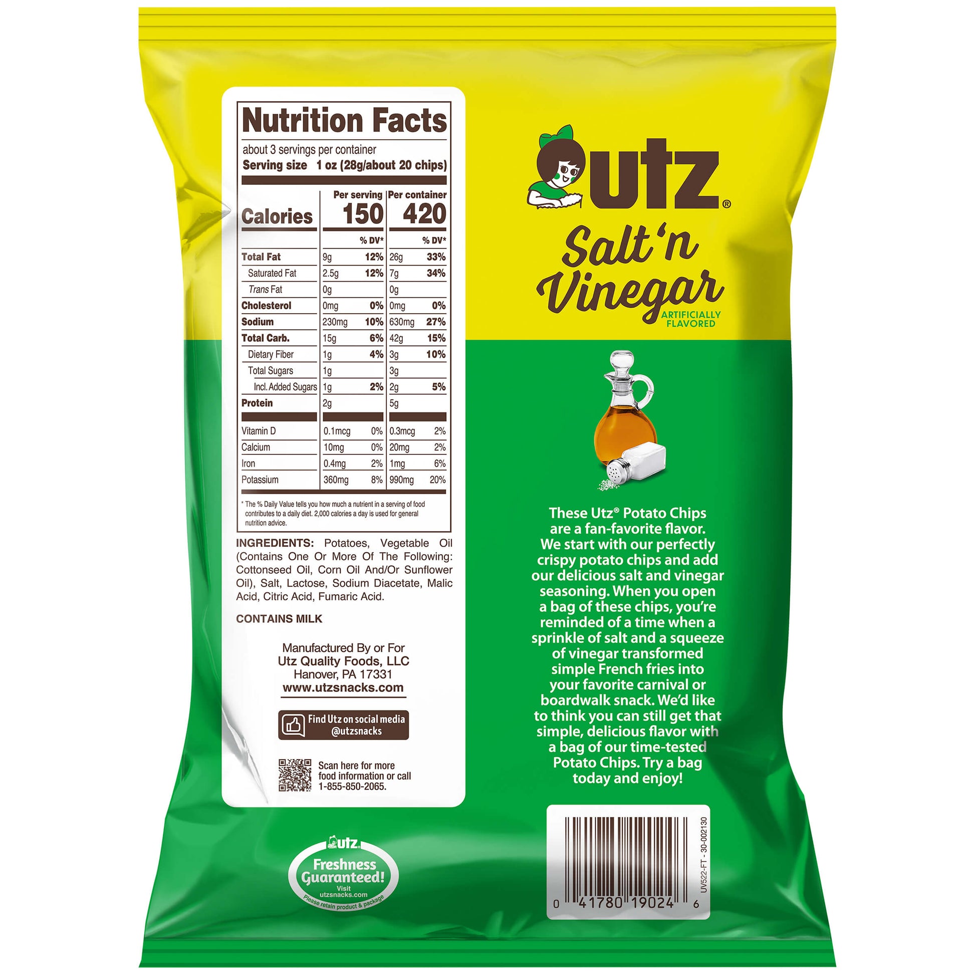 Back view of a Utz Salt 'n Vinegar potato chip bag with nutrition facts and ingredients listed.