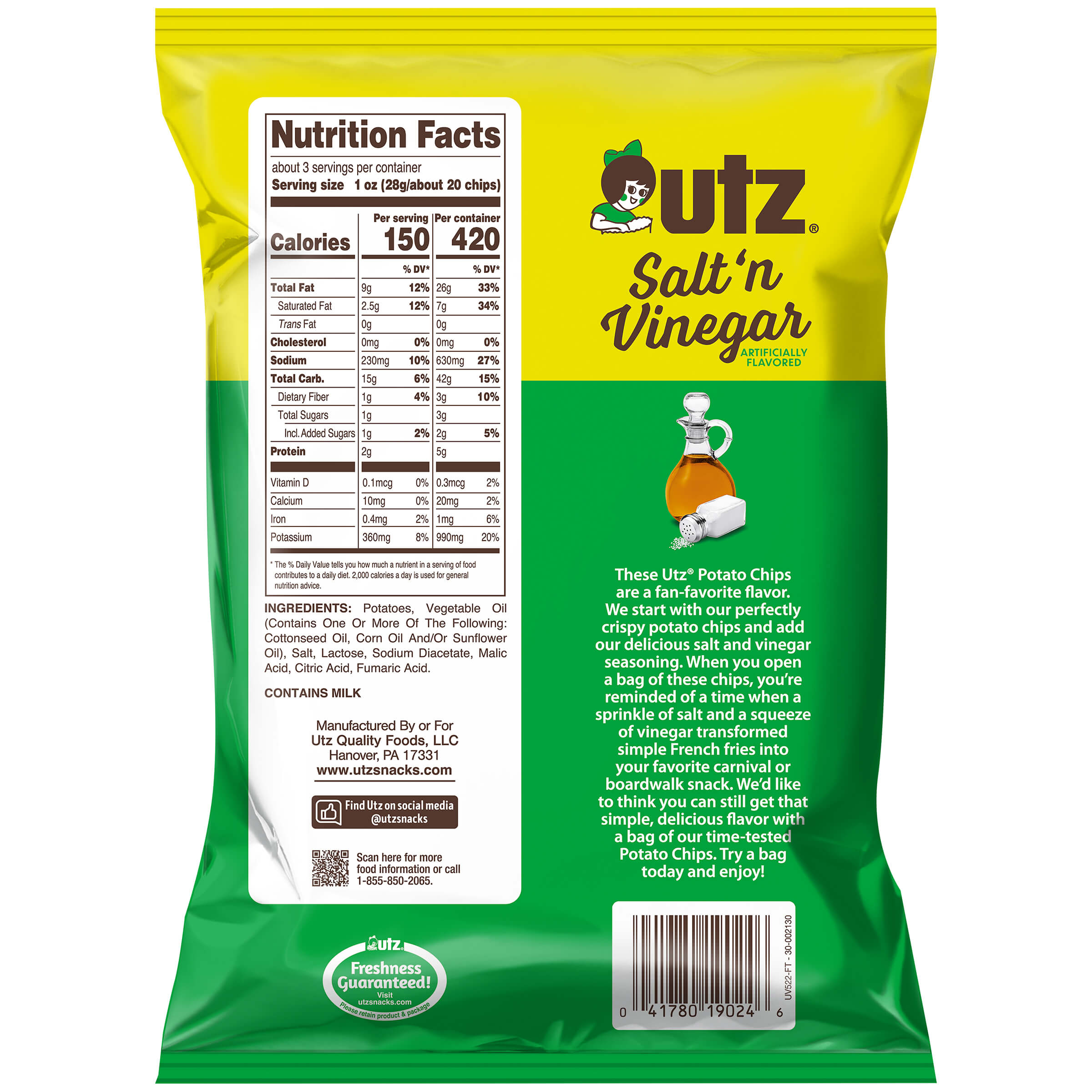 Back view of a Utz Salt 'n Vinegar potato chip bag with nutrition facts and ingredients listed.