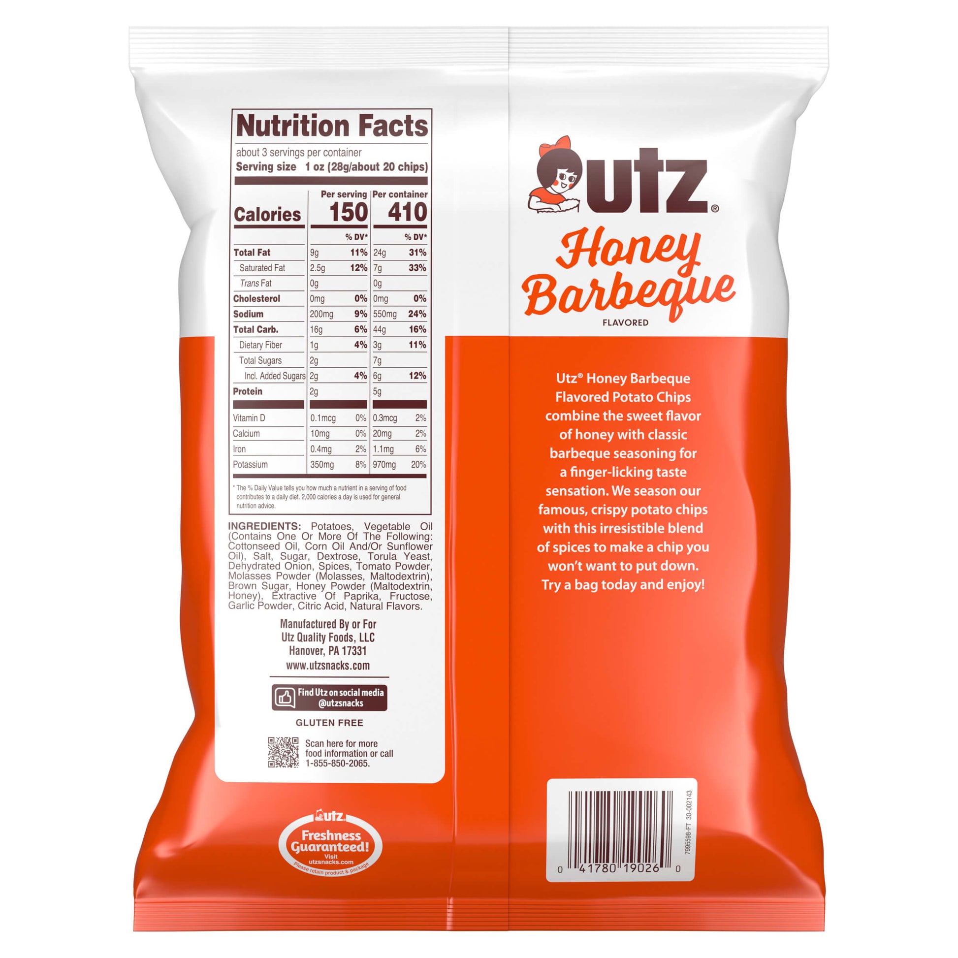 Back view of a Utz Honey Barbeque potato chip bag with nutrition facts label.