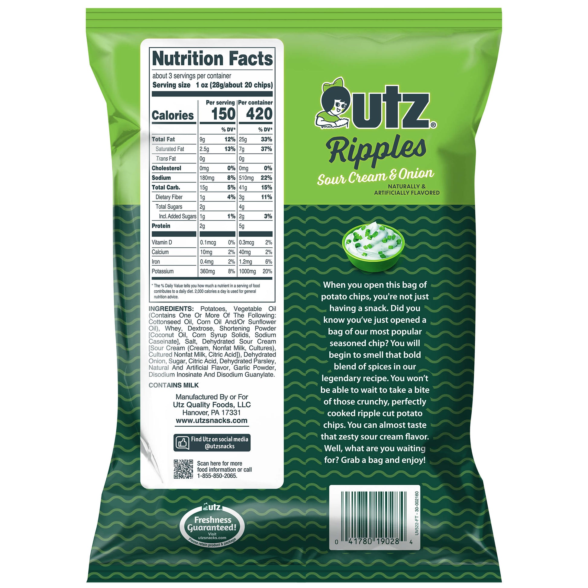 Utz Ripples Sour Cream & Onion potato chips packaging with nutrition facts and ingredient list.