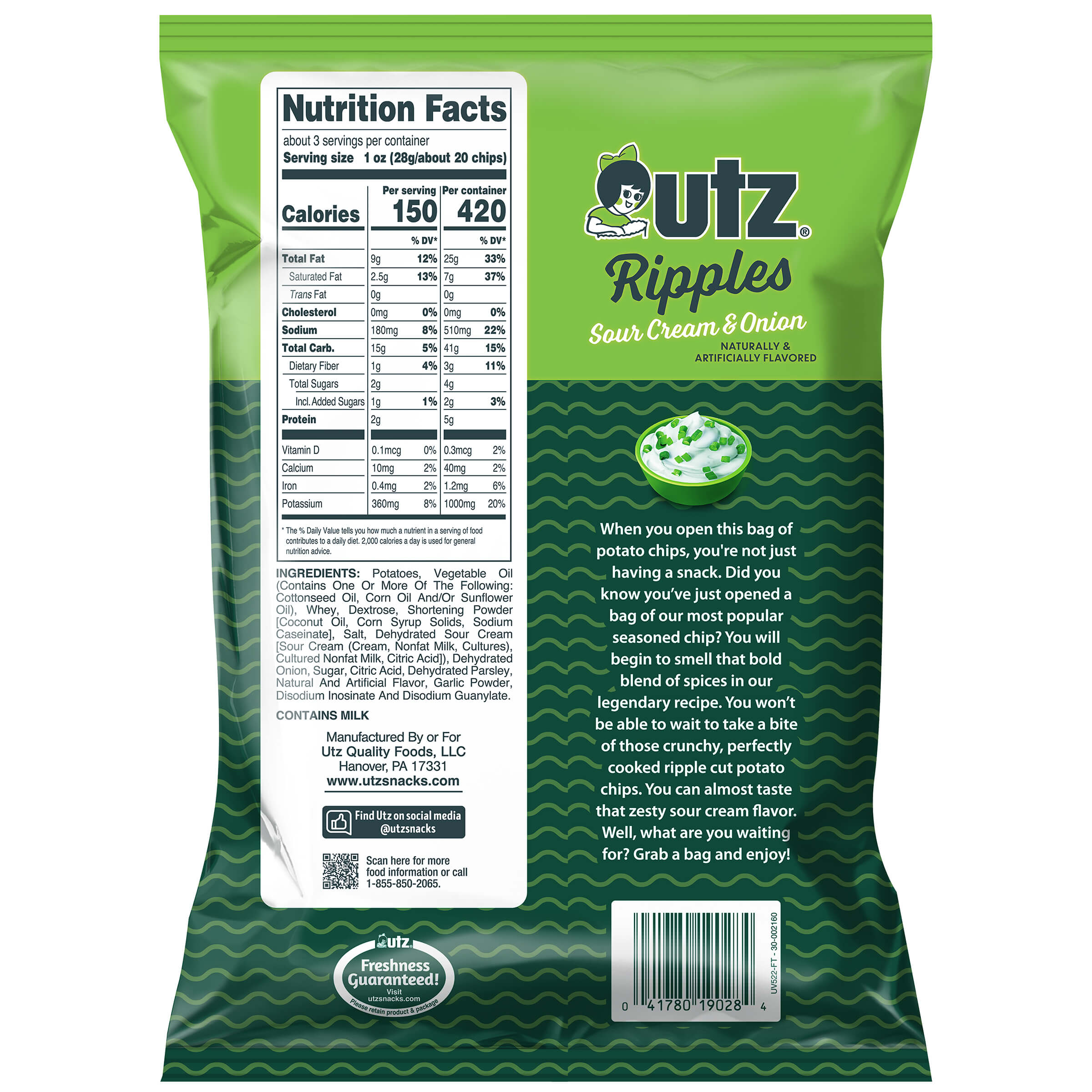 Utz Ripples Sour Cream & Onion potato chips packaging with nutrition facts and ingredient list.