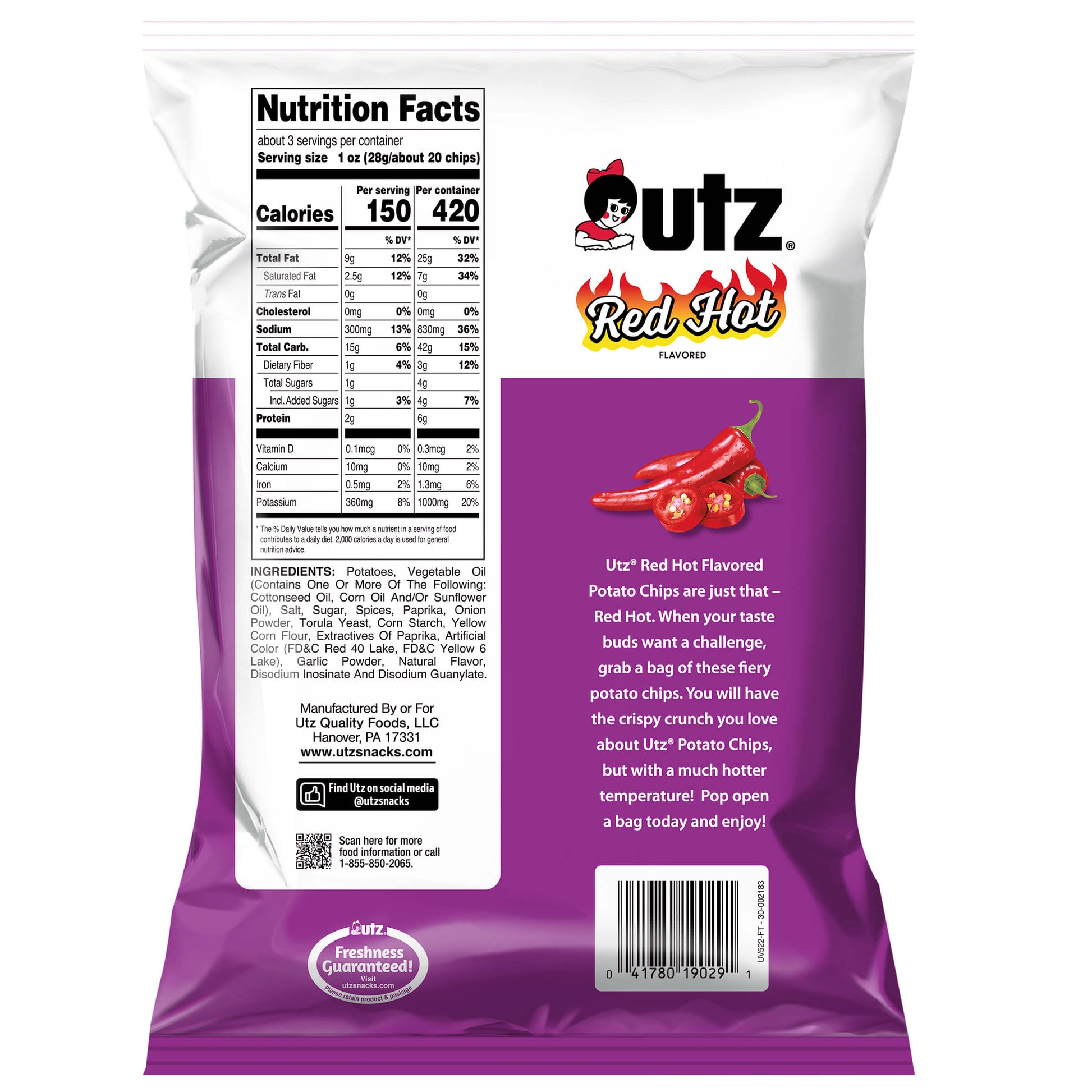 Utz Red Hot flavored potato chips packaging with nutrition facts and ingredients list.