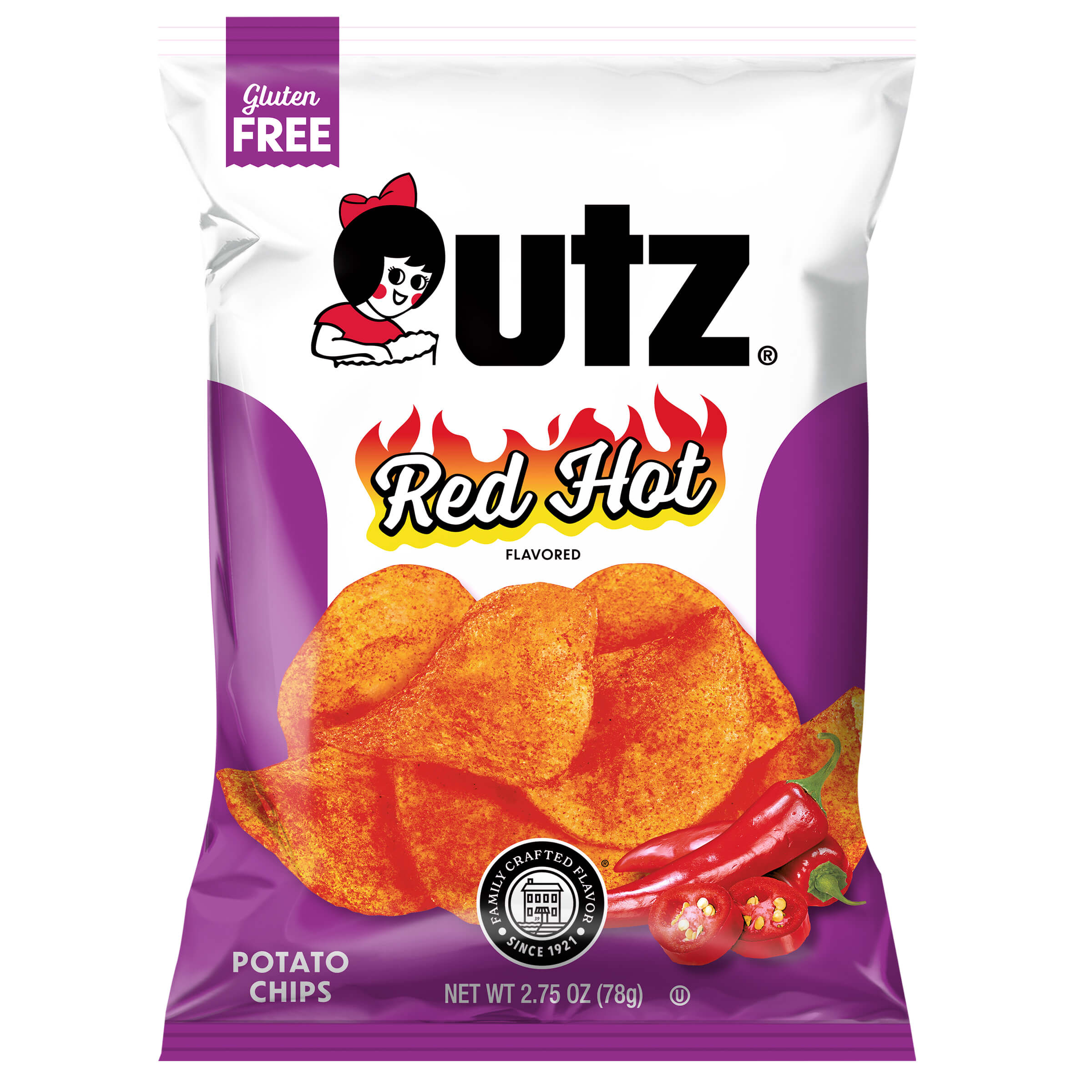Utz Red Hot potato chips packaging on a white background
