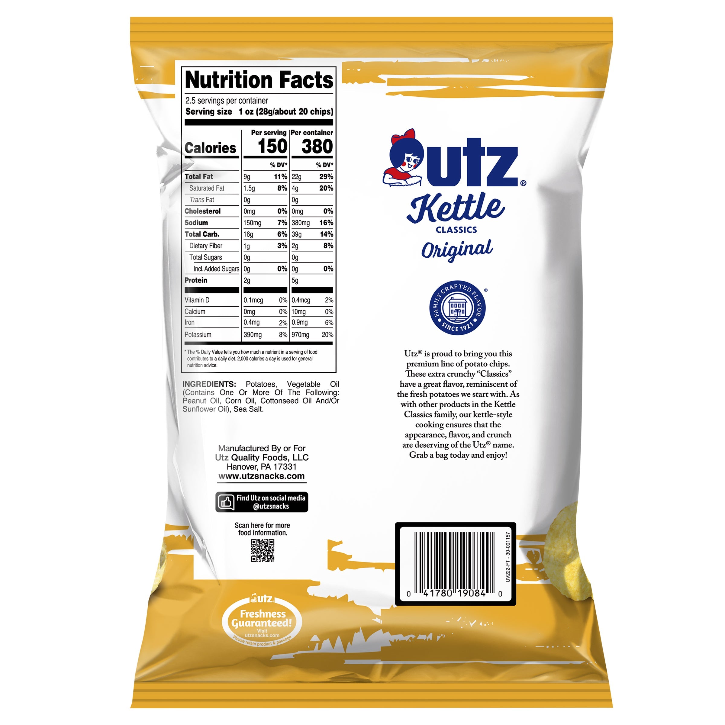Utz Kettle Classics Original Potato Chips bag back with nutrition facts and description