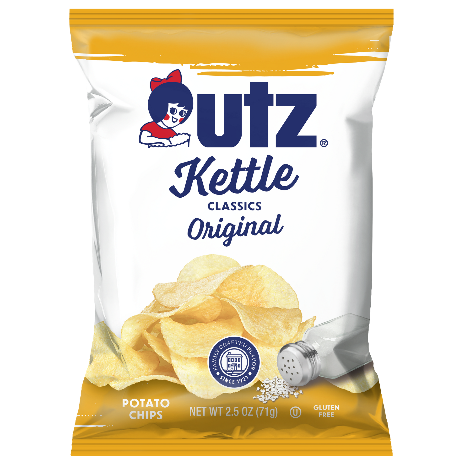 Utz Kettle Classics Original Potato Chips bag front with chips and salt shaker