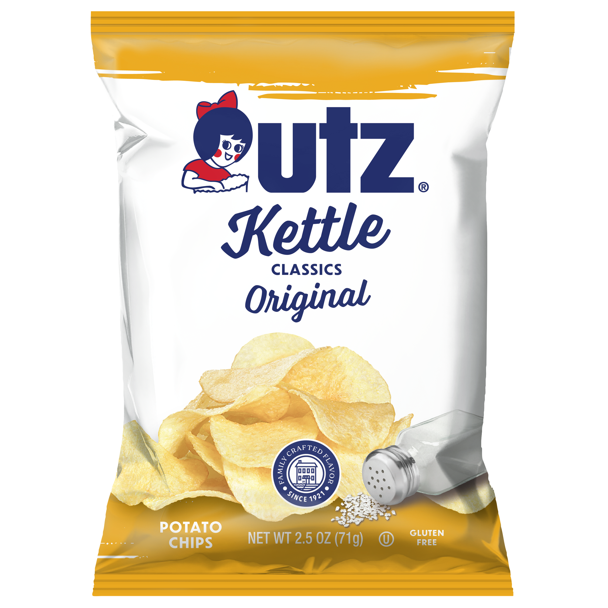 Utz Kettle Classics Original Potato Chips bag front with chips and salt shaker