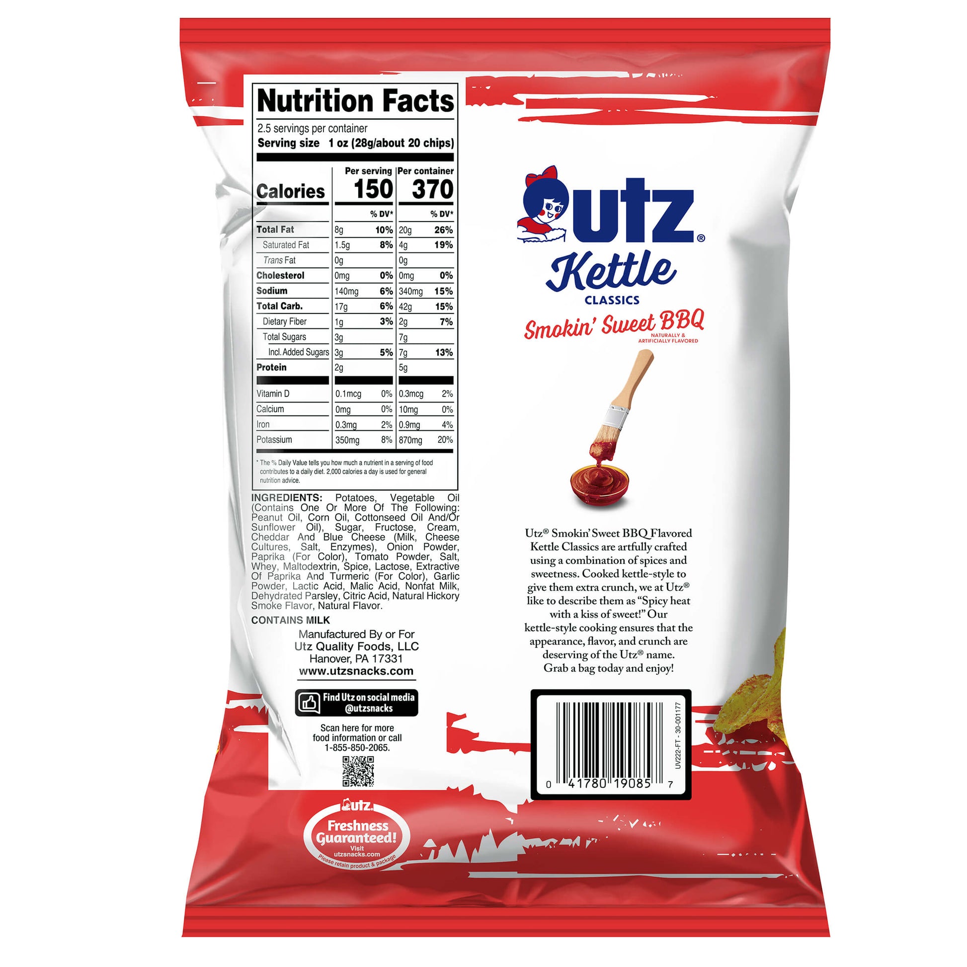 Utz Kettle Classics Smokin' Sweet BBQ potato chip bag with nutrition facts and ingredients listed.