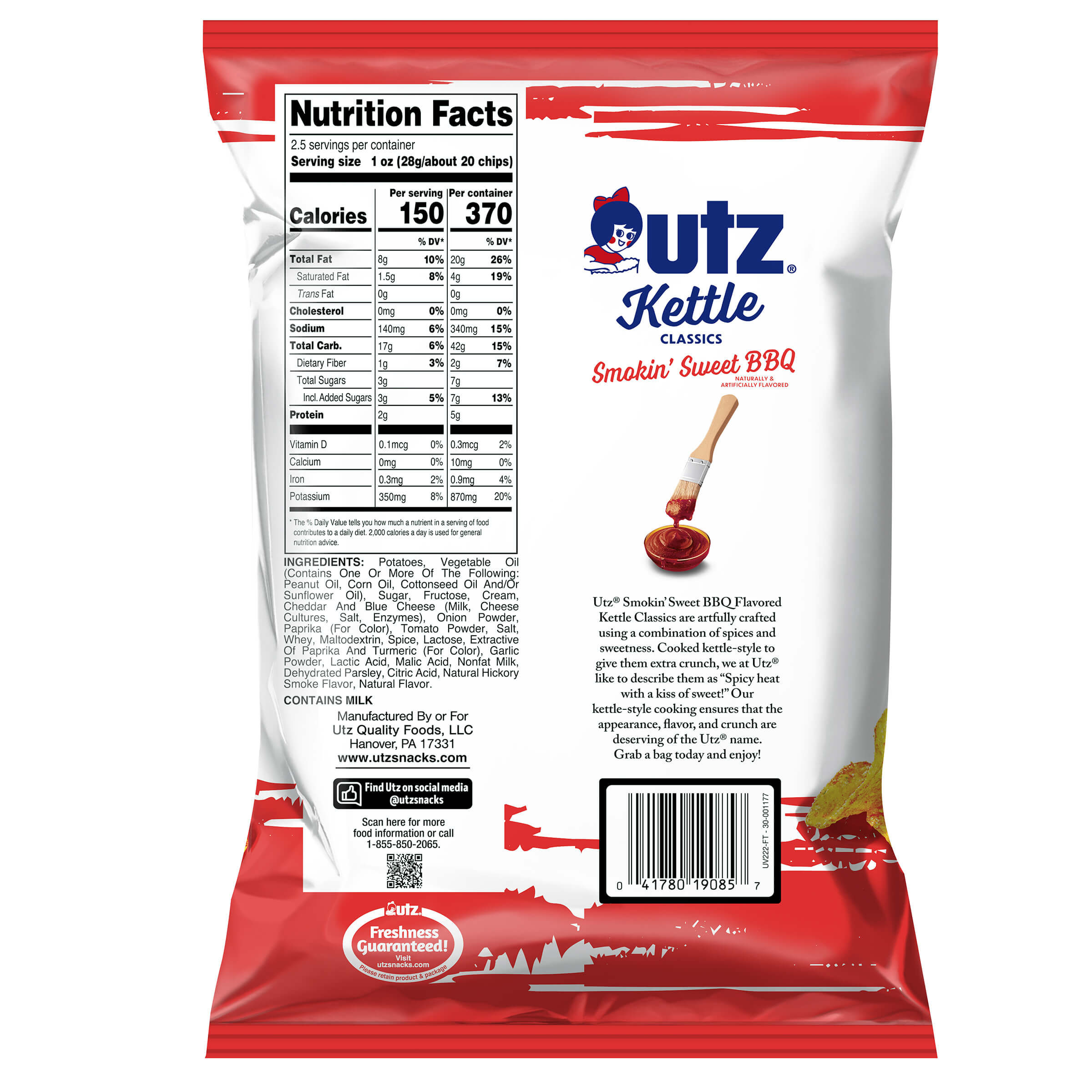 Utz Kettle Classics Smokin' Sweet BBQ potato chip bag with nutrition facts and ingredients listed.