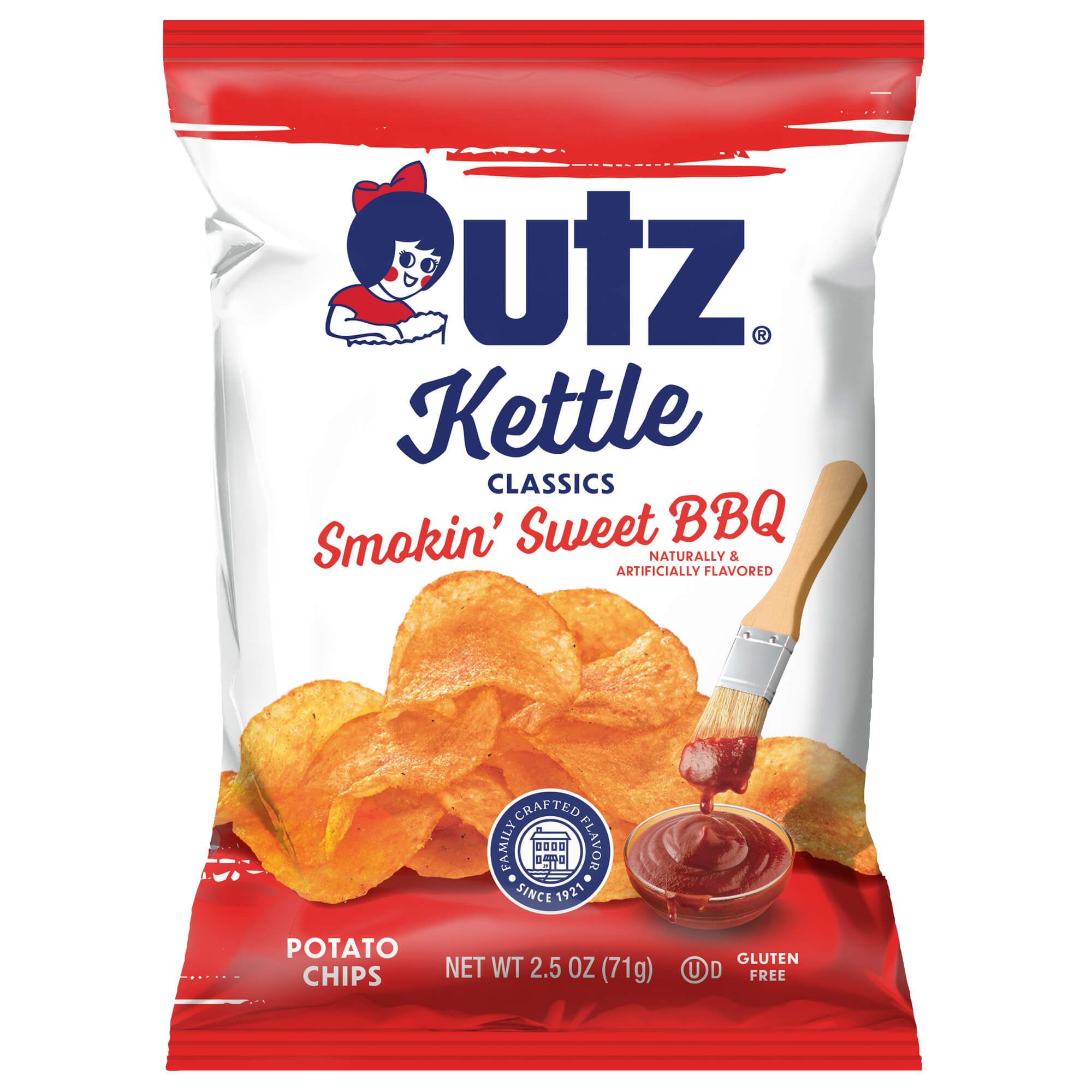 Utz Kettle Classics Smokin' Sweet BBQ potato chips packaging on a white background