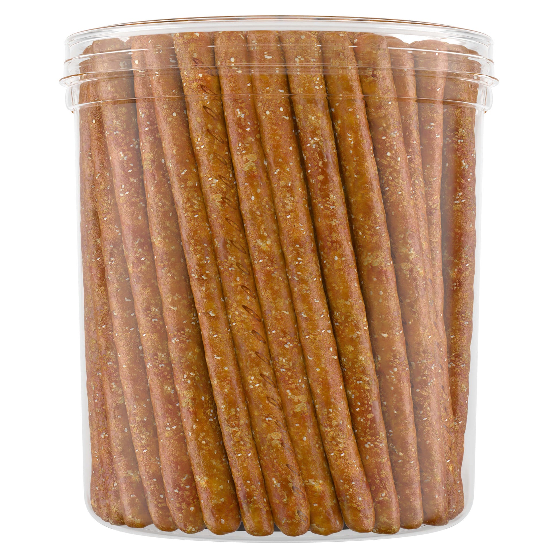 Clear container filled with brown sticks on a white background