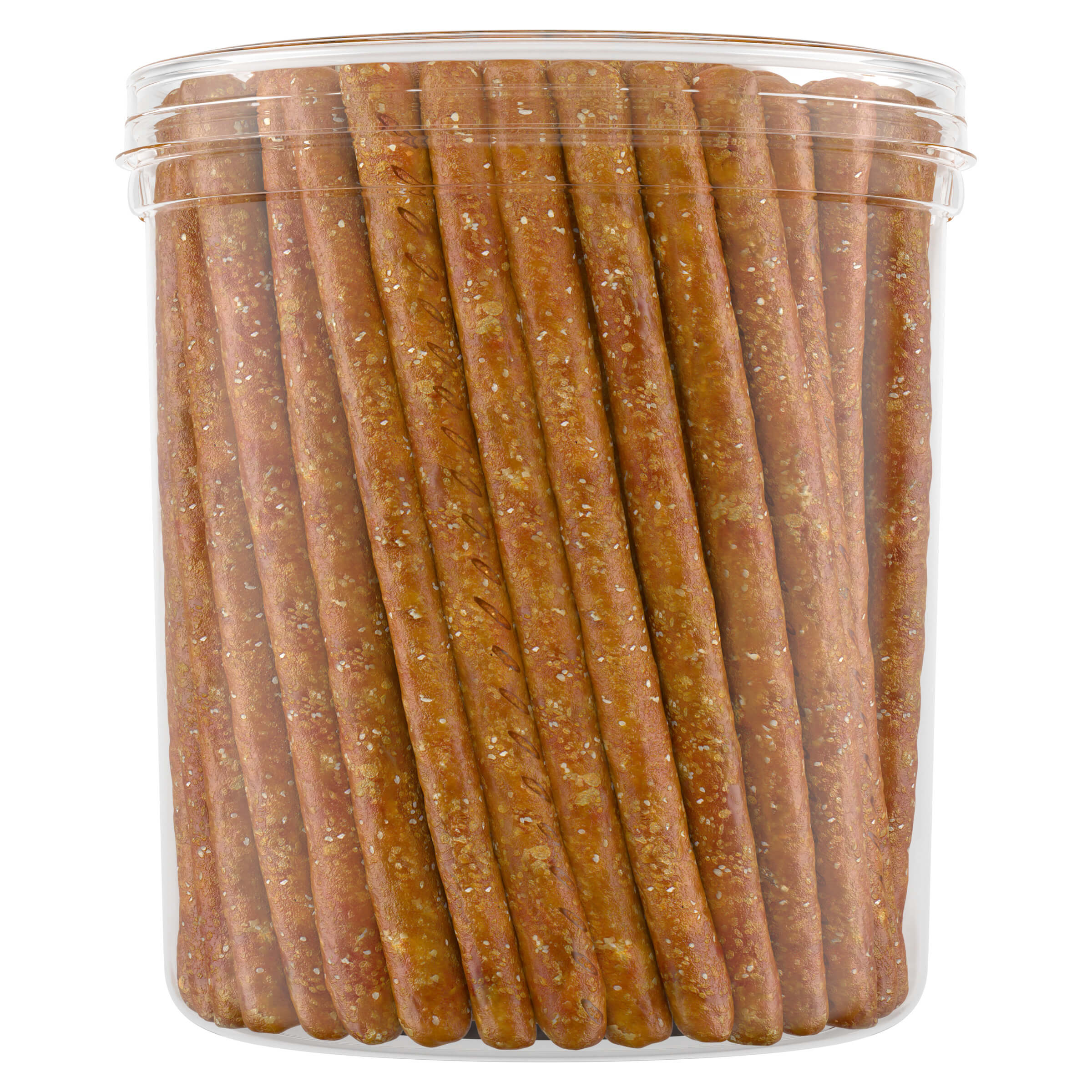 Clear container filled with brown sticks on a white background