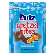Packaging of Utz Pretzel Bites with blue background and snowflake patterns