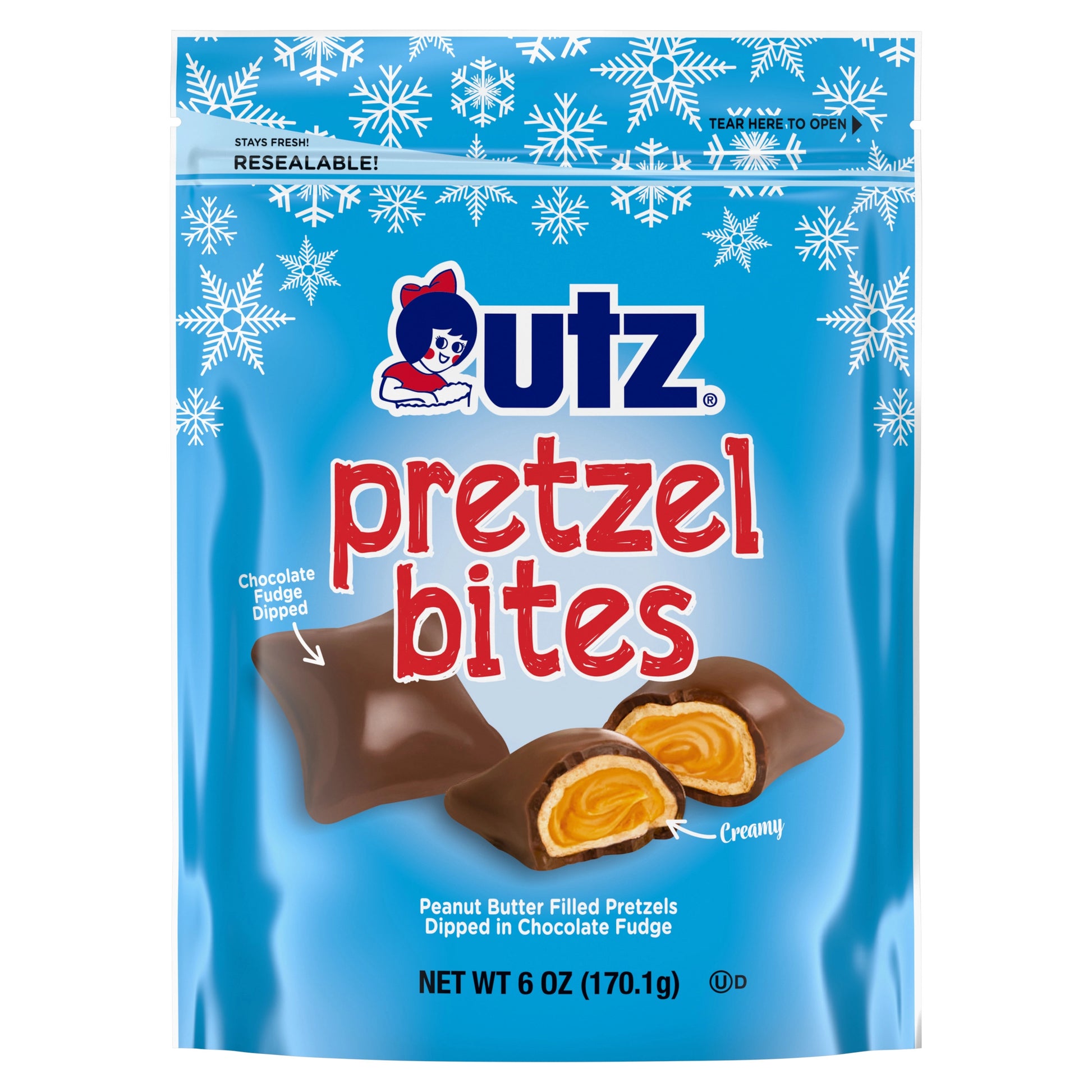 Packaging of Utz Pretzel Bites with blue background and snowflake patterns
