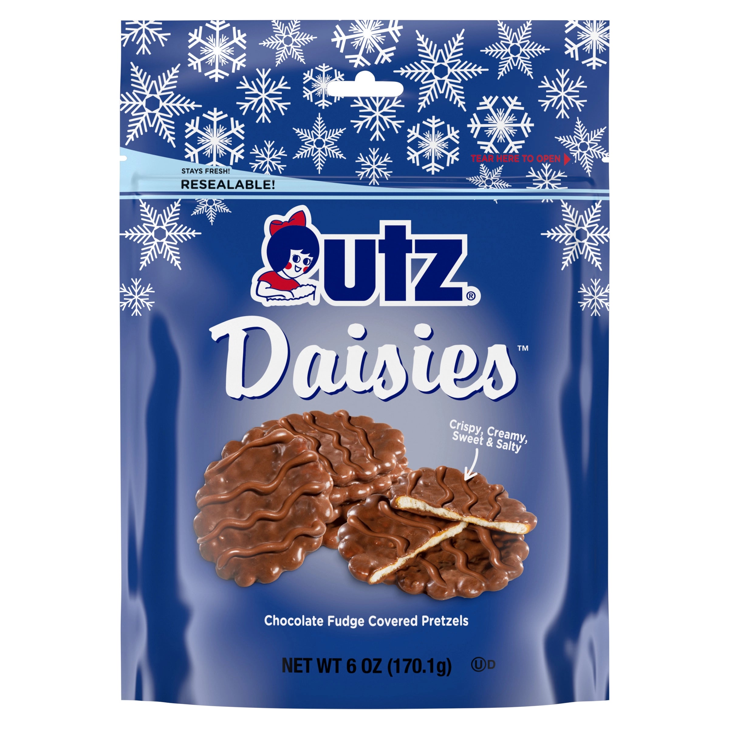 Outz Daisies chocolate fudge covered pretzels packaging with snowflake pattern