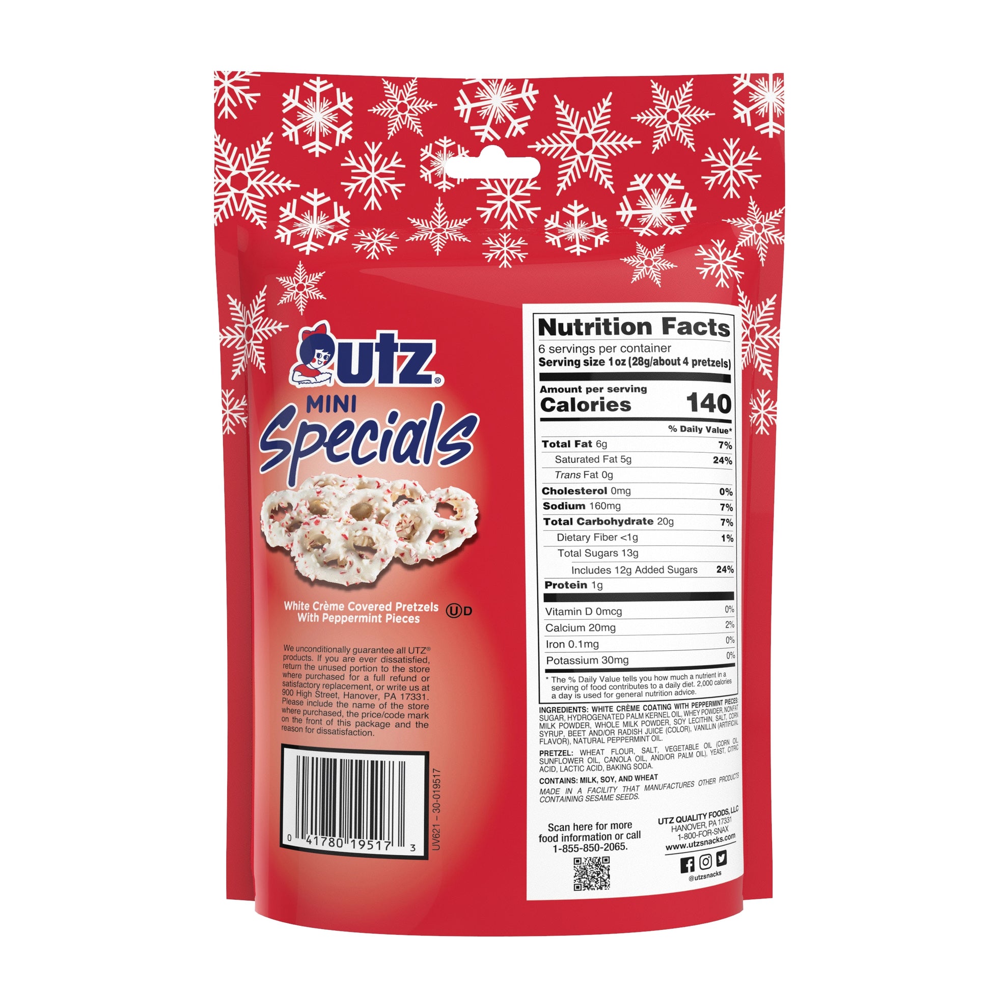 Red snack bag with Utz Mini Specials branding and snowflake pattern on a white background