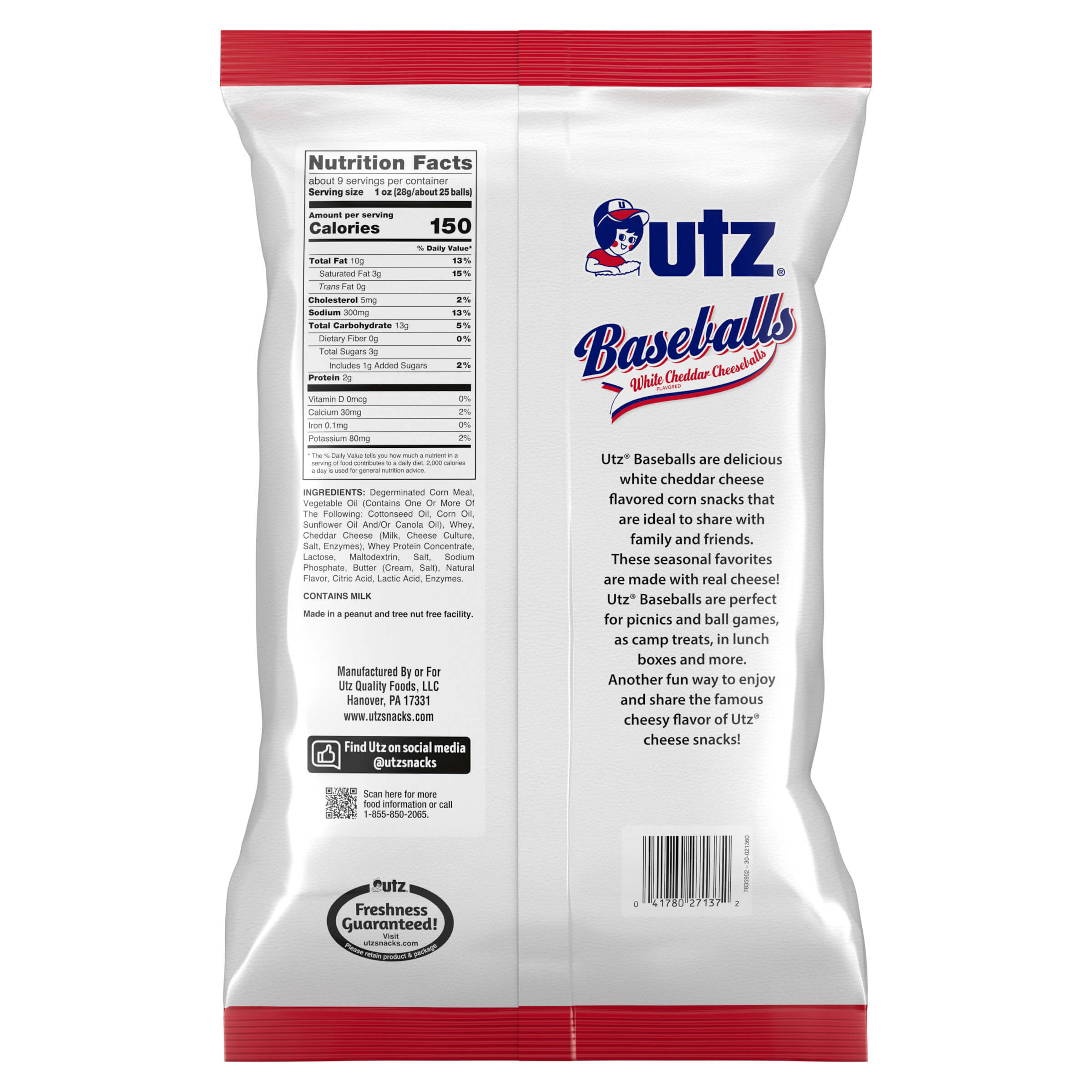 UTZ Baseballs snack bag with nutrition facts and product description on a white background