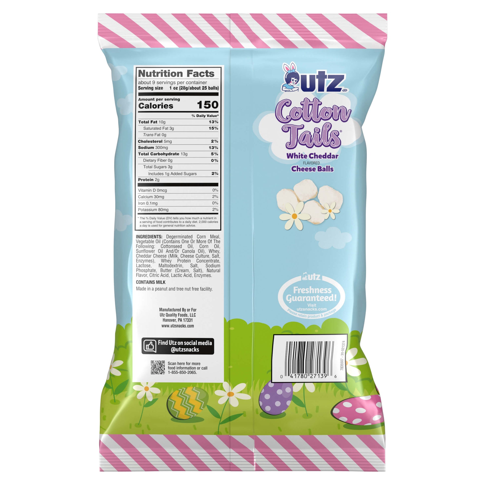 Utz Cotton Tails White Cheddar Cheese Balls packaging with nutritional facts and branding on a white background.