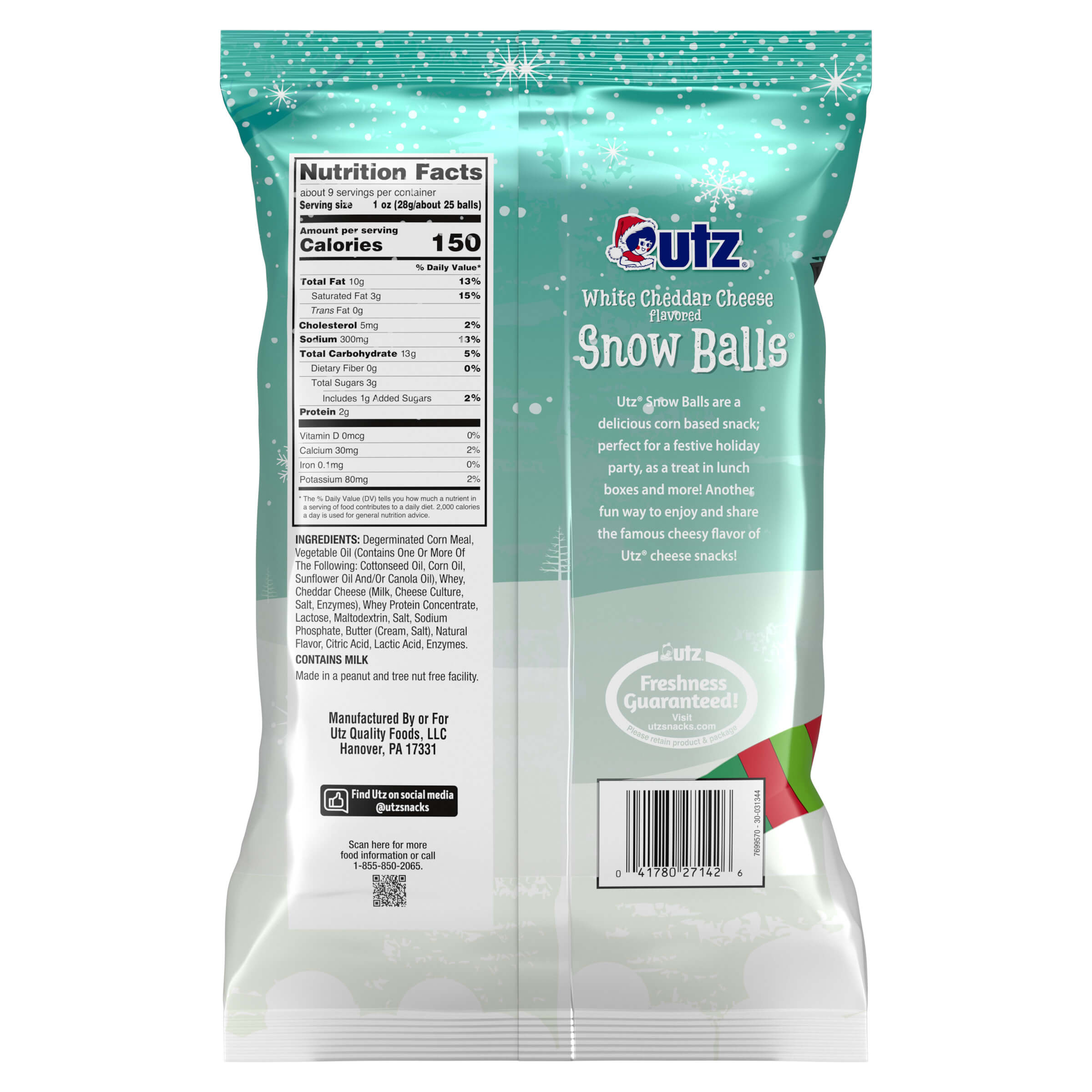 Utz White Cheddar Cheese Snow Ball snack package with nutritional information on a white background
