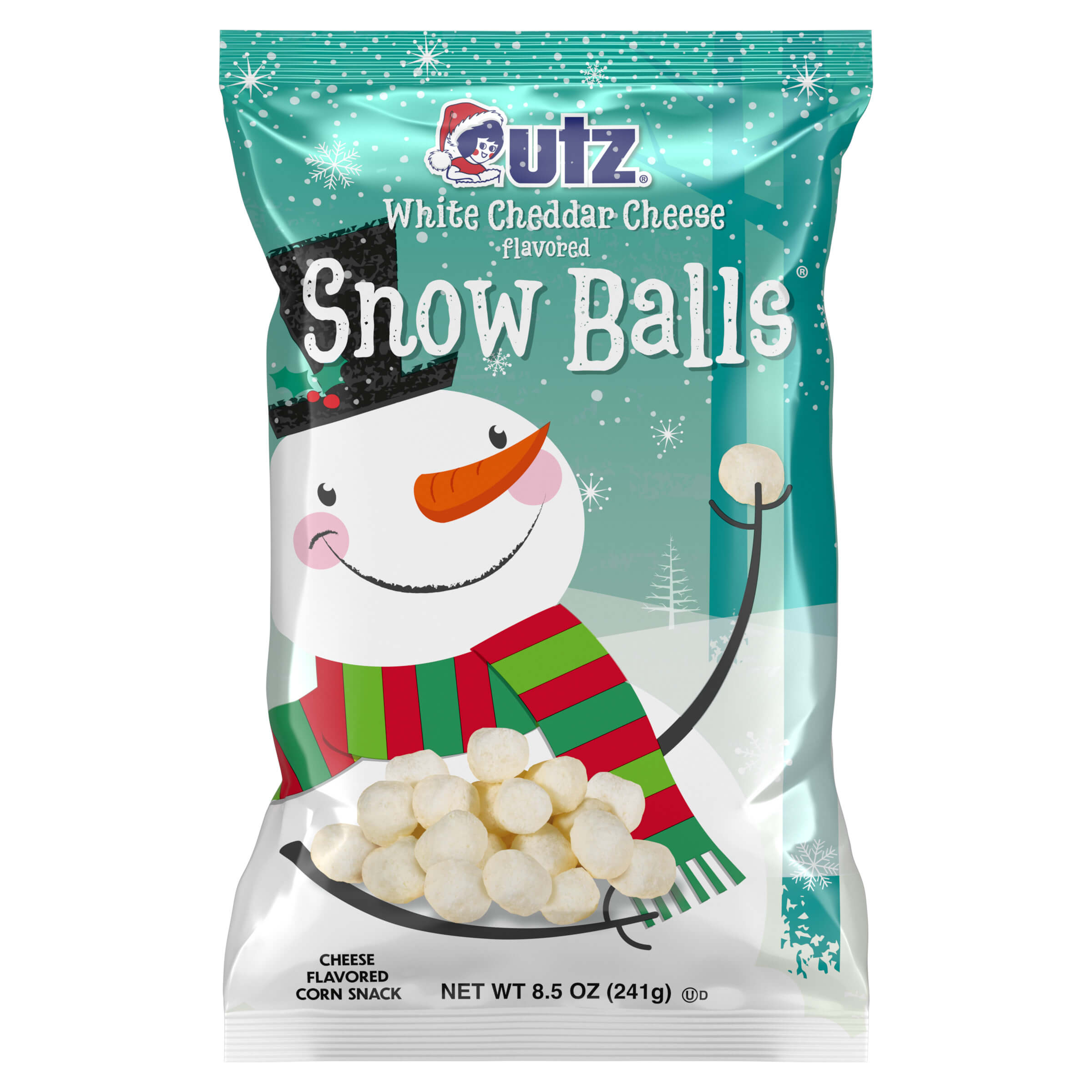 UTZ Snow Balls snack bag with a snowman design on a white background