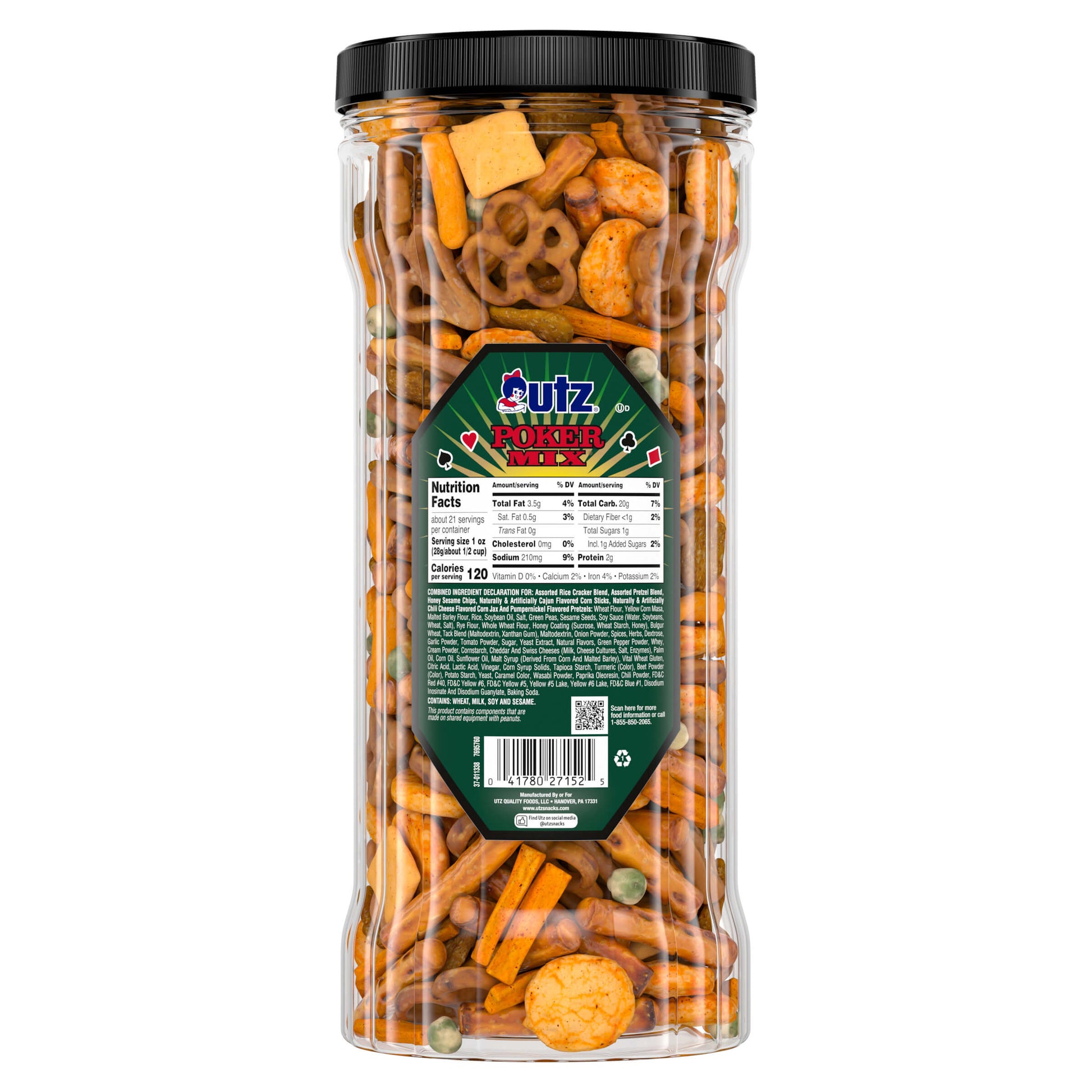 Clear container of mixed snacks with a black lid on a white background
