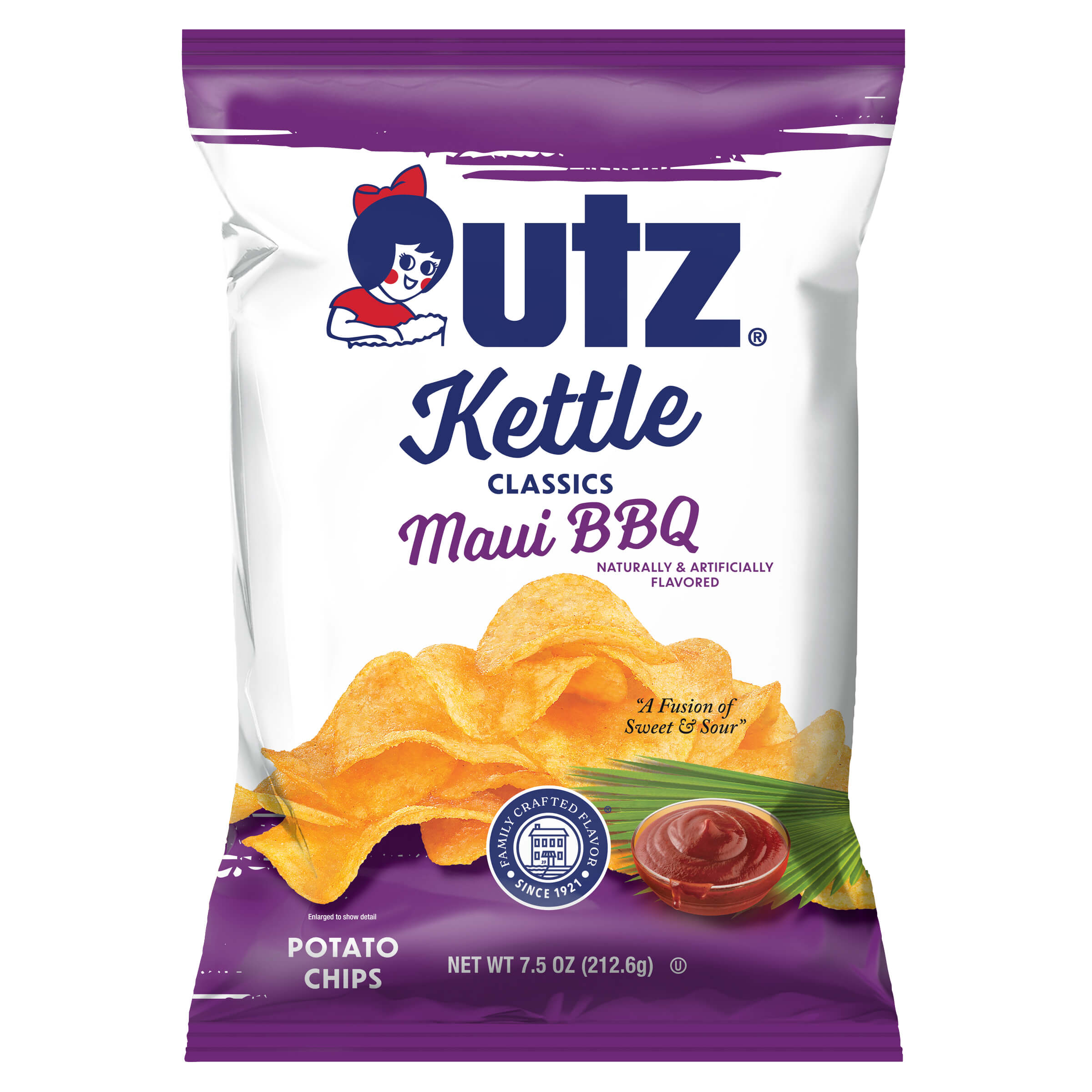 Utz Kettle Classics Maui BBQ potato chips packaging on a white background