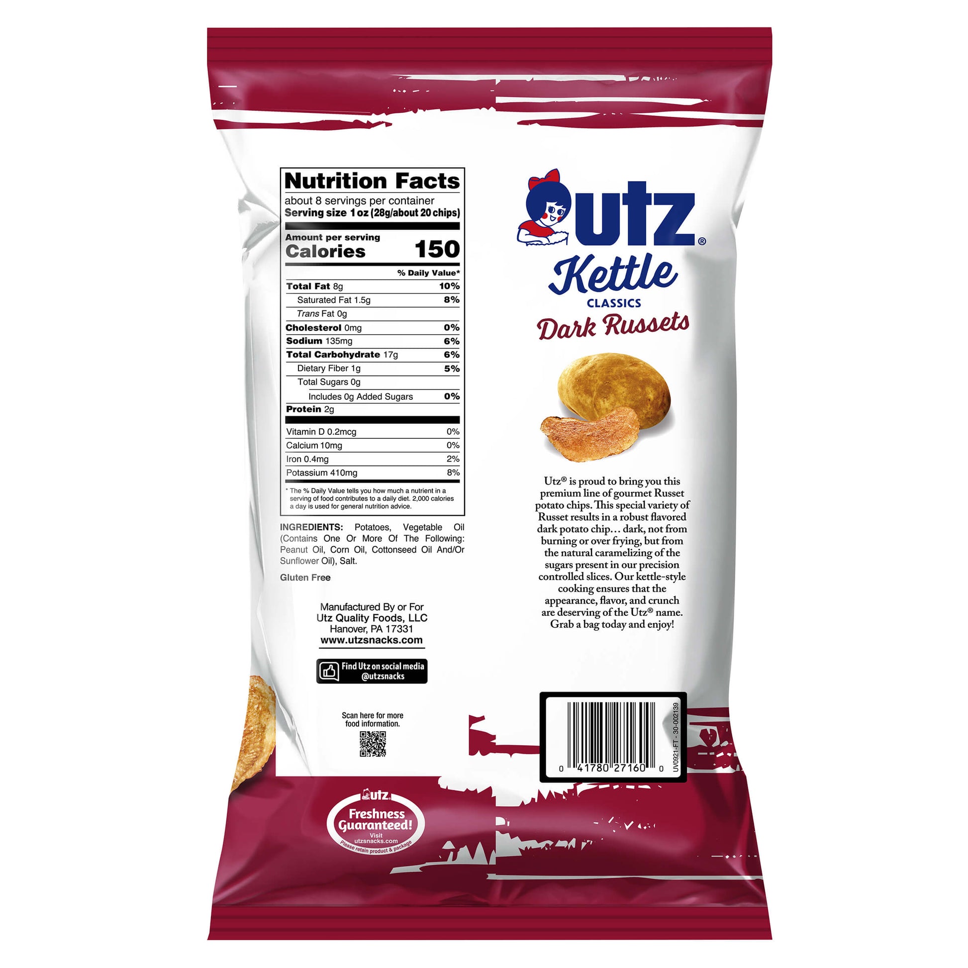 Utz Kettle Classics Dark Russets potato chip bag with nutrition facts and ingredients list on a white background
