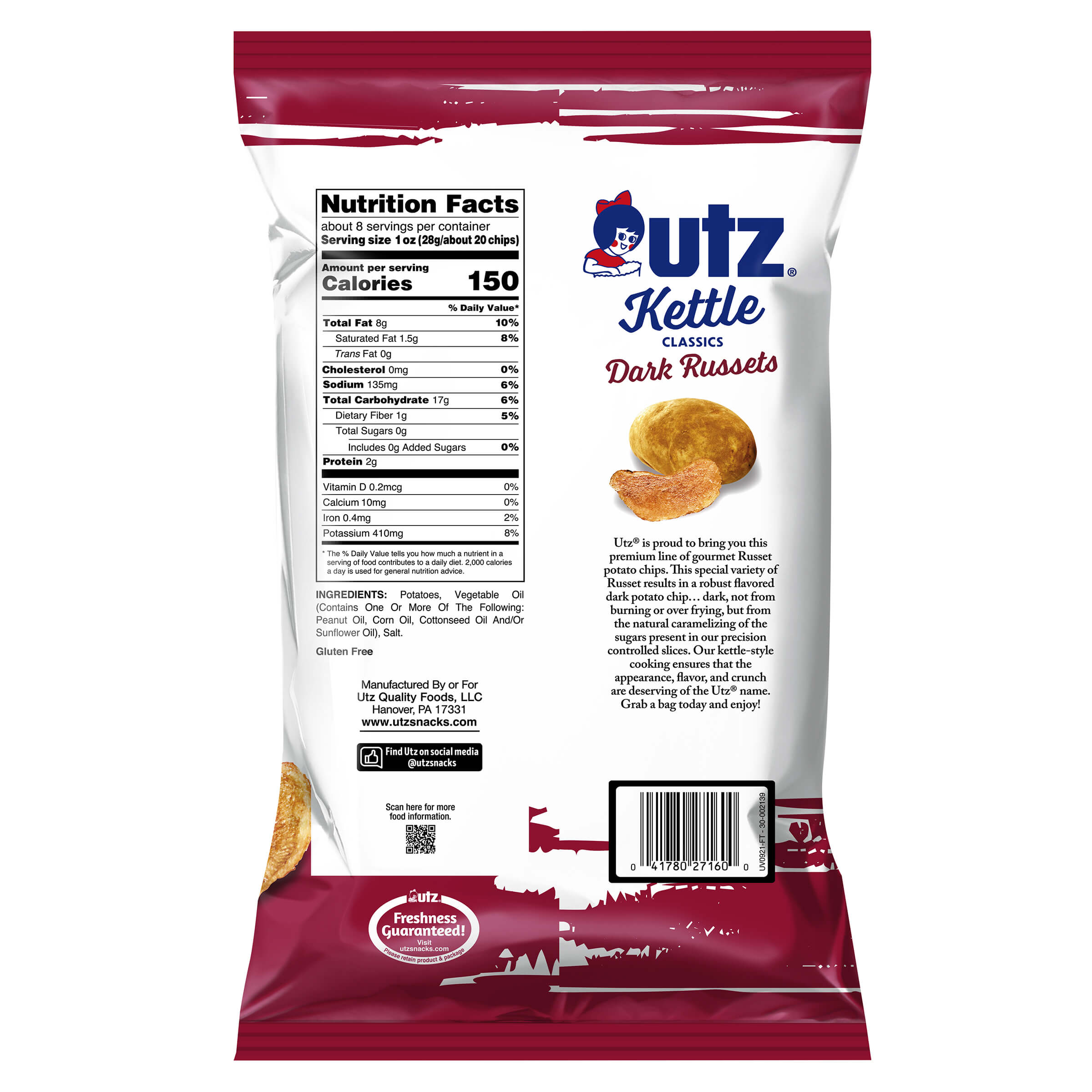 Utz Kettle Classics Dark Russets potato chip bag with nutrition facts and ingredients list on a white background