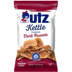 Packaging of Utz Kettle Classics Dark Russets potato chips on a white background