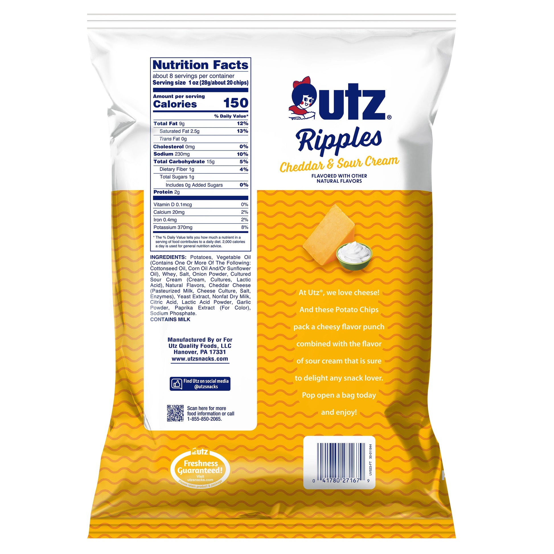 UTZ Ripples Cheddar & Sour Cream flavored potato chip package with nutrition facts label.