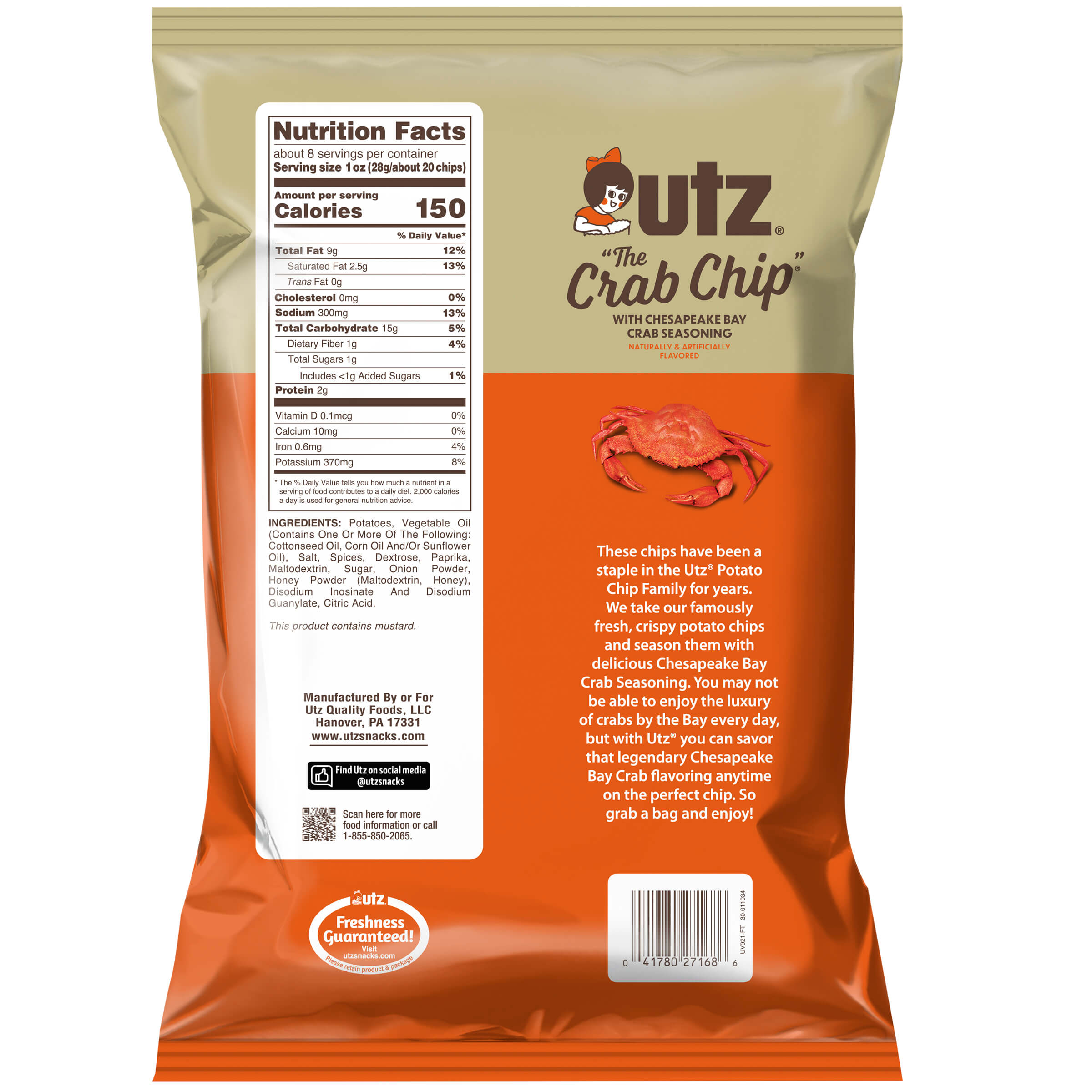 Outz Crab Chip packaging with nutrition facts label and branding on a white background