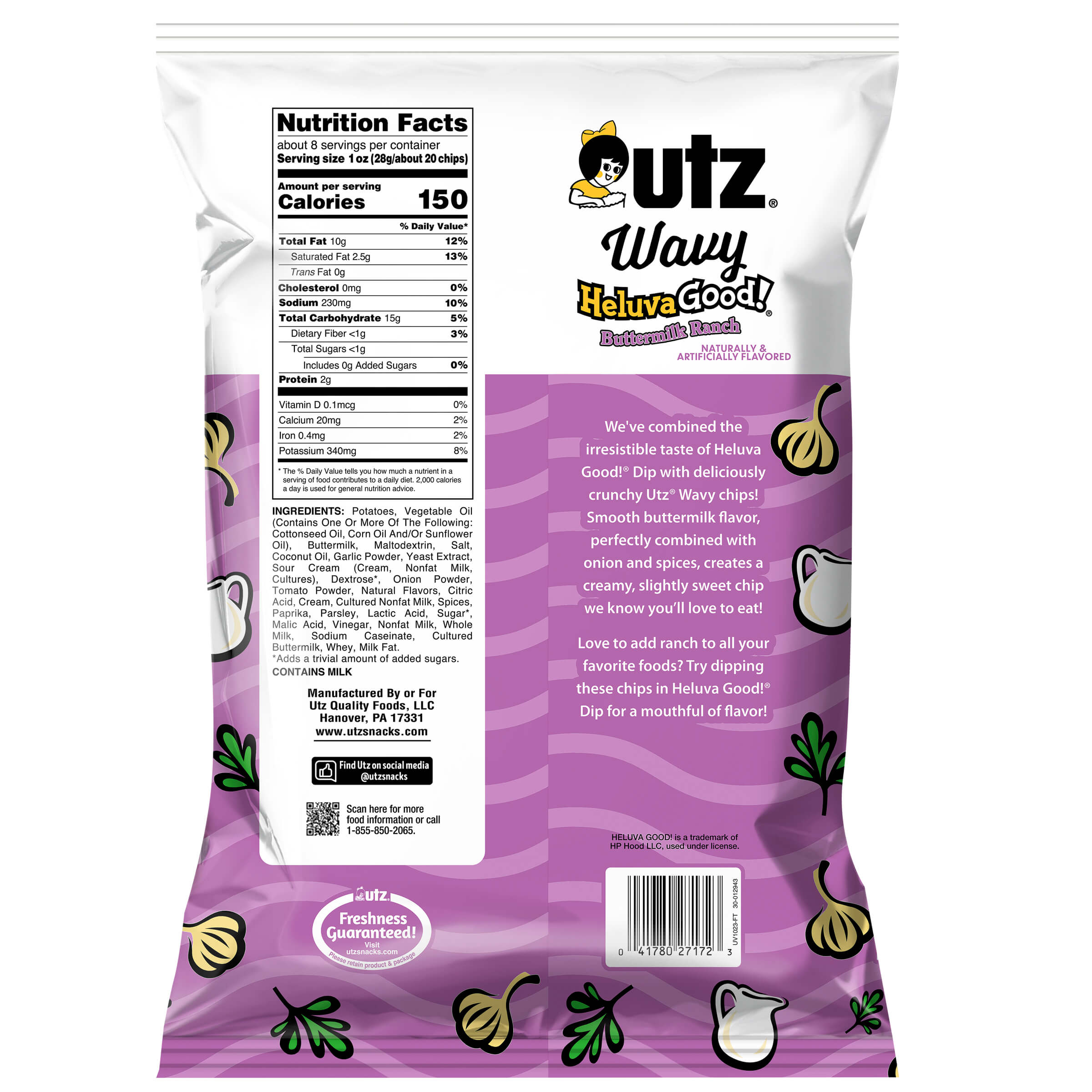 Back view of a bag of Outz Wavy Heluva Good! flavored chips with nutritional information and branding.