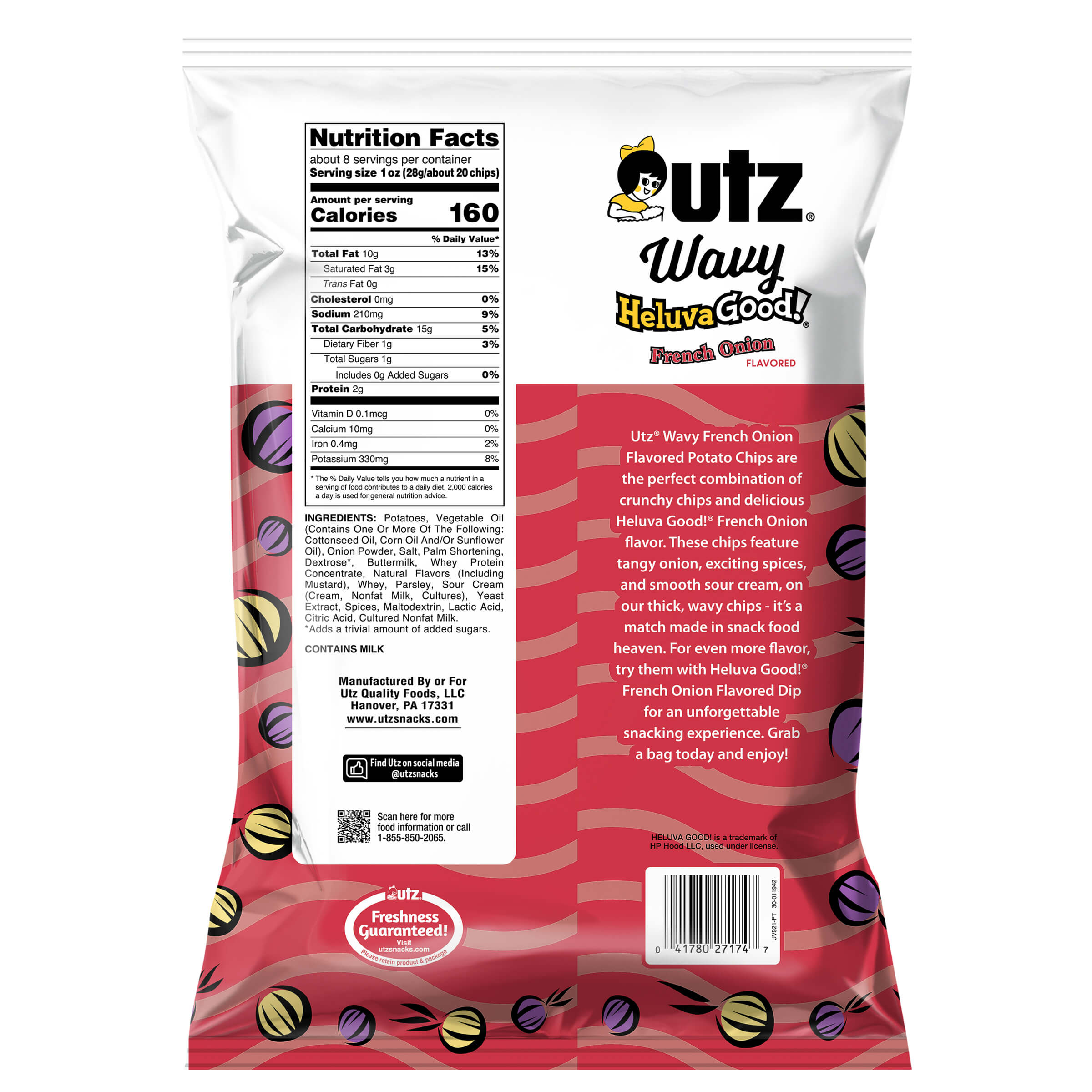 Utz Wavy Heluva Good! Potato Chip bag with nutrition facts and description on a white background