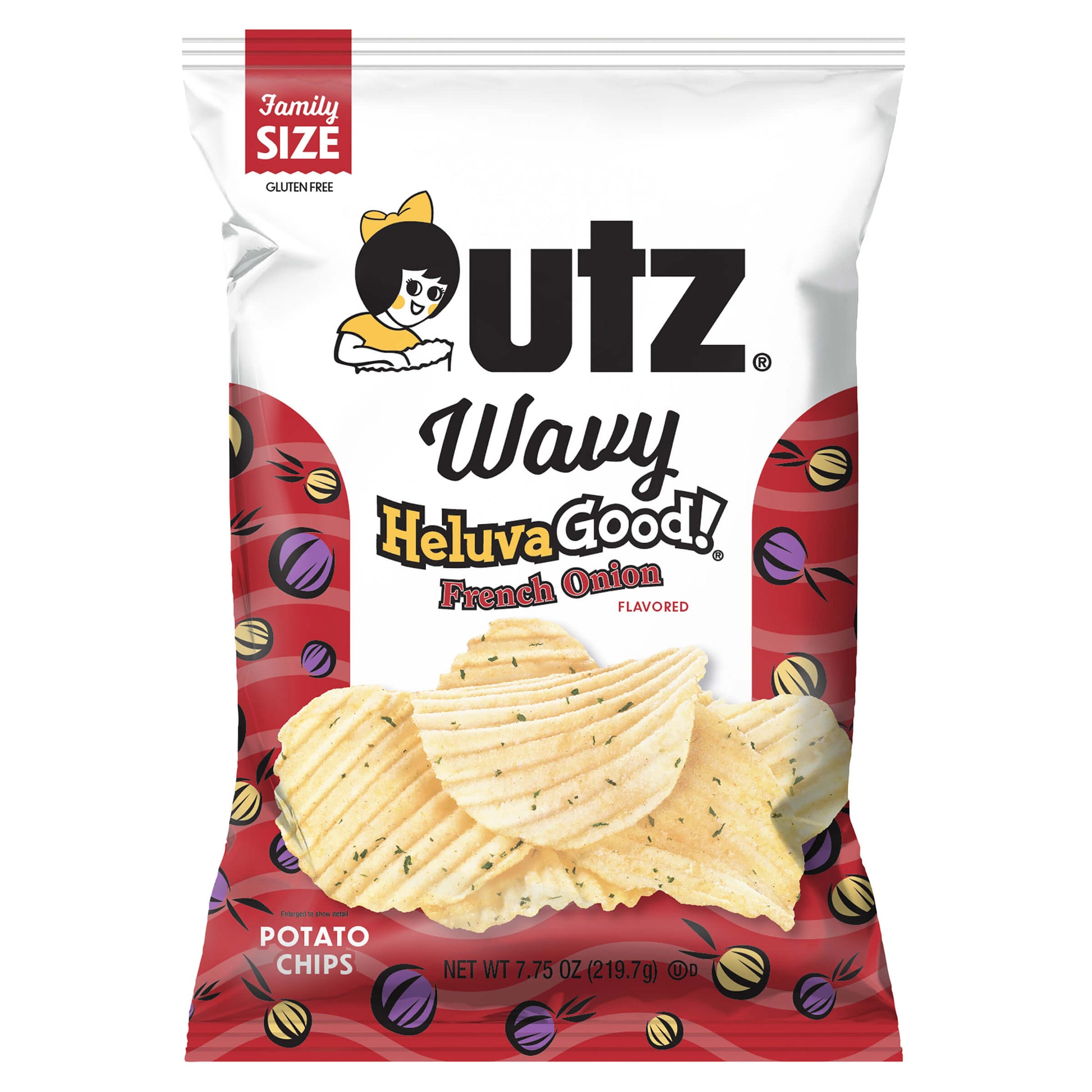 UTZ Wavy Heluva Good! French Onion flavored potato chips family size packaging.