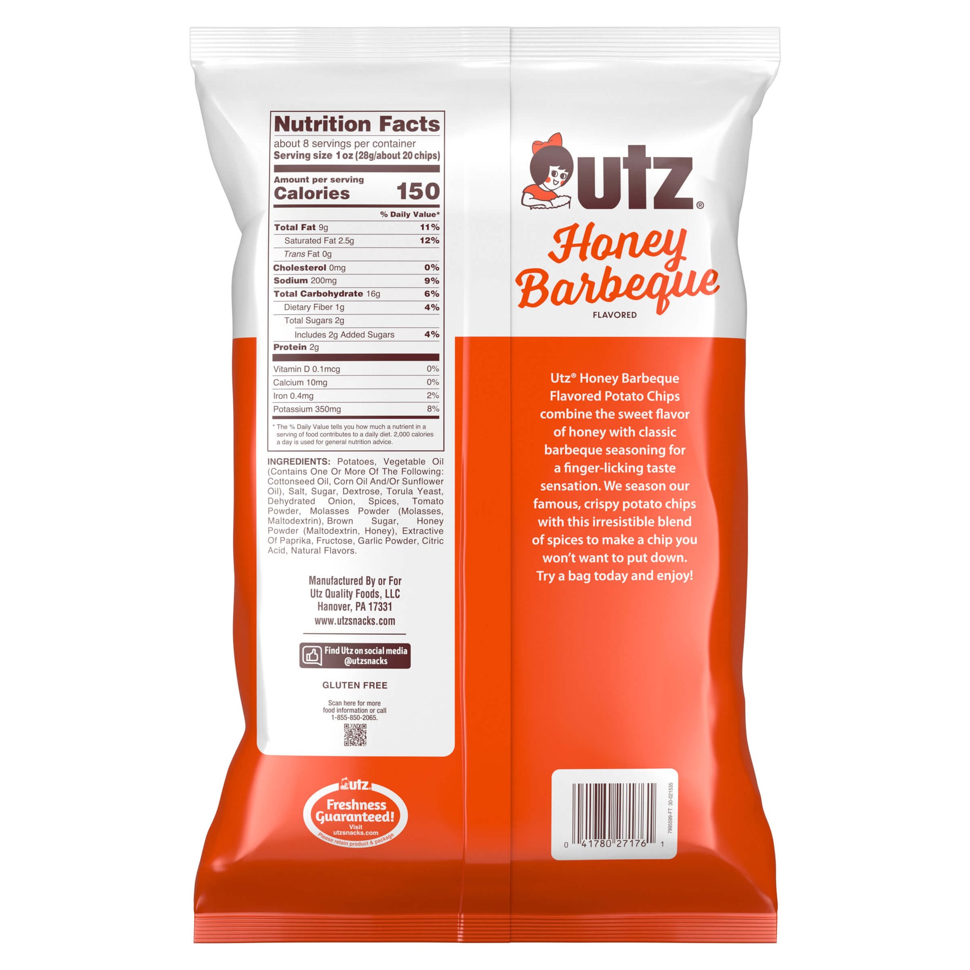 Outz Honey Barbeque potato chip bag with nutrition facts label on a white background