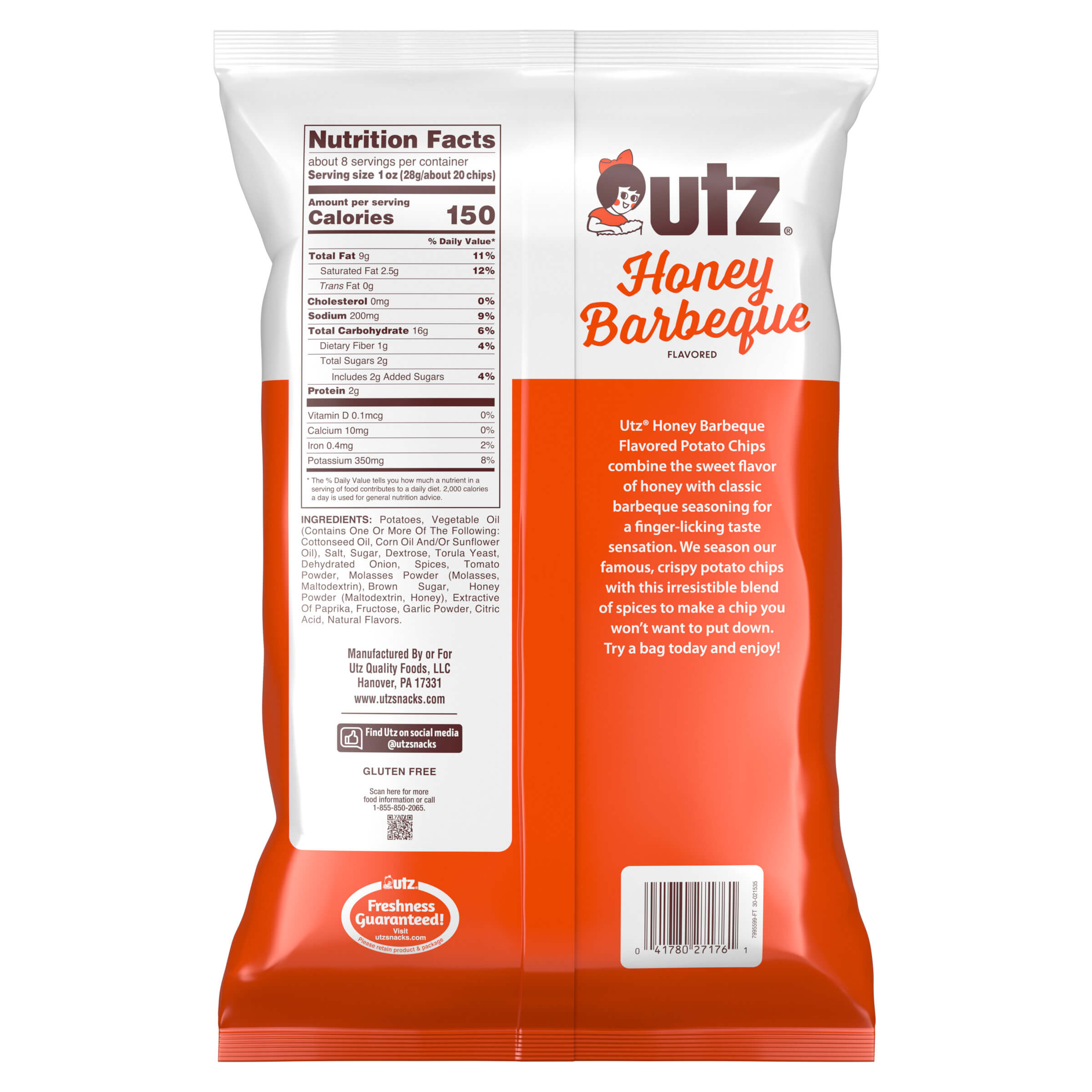 Outz Honey Barbeque potato chip bag with nutrition facts label on a white background