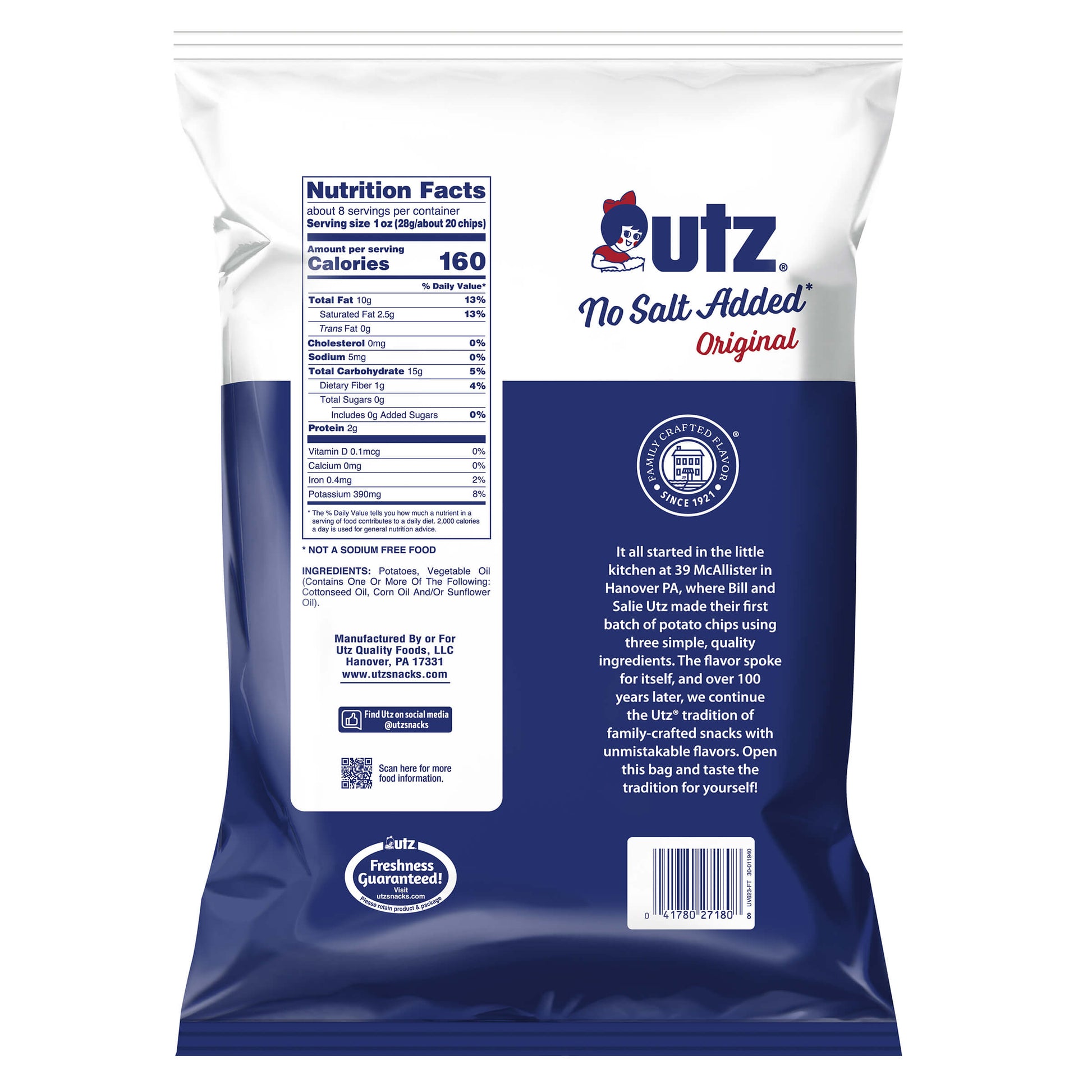UTZ No Salt Added Original potato chips packaging with nutrition facts label on a white background