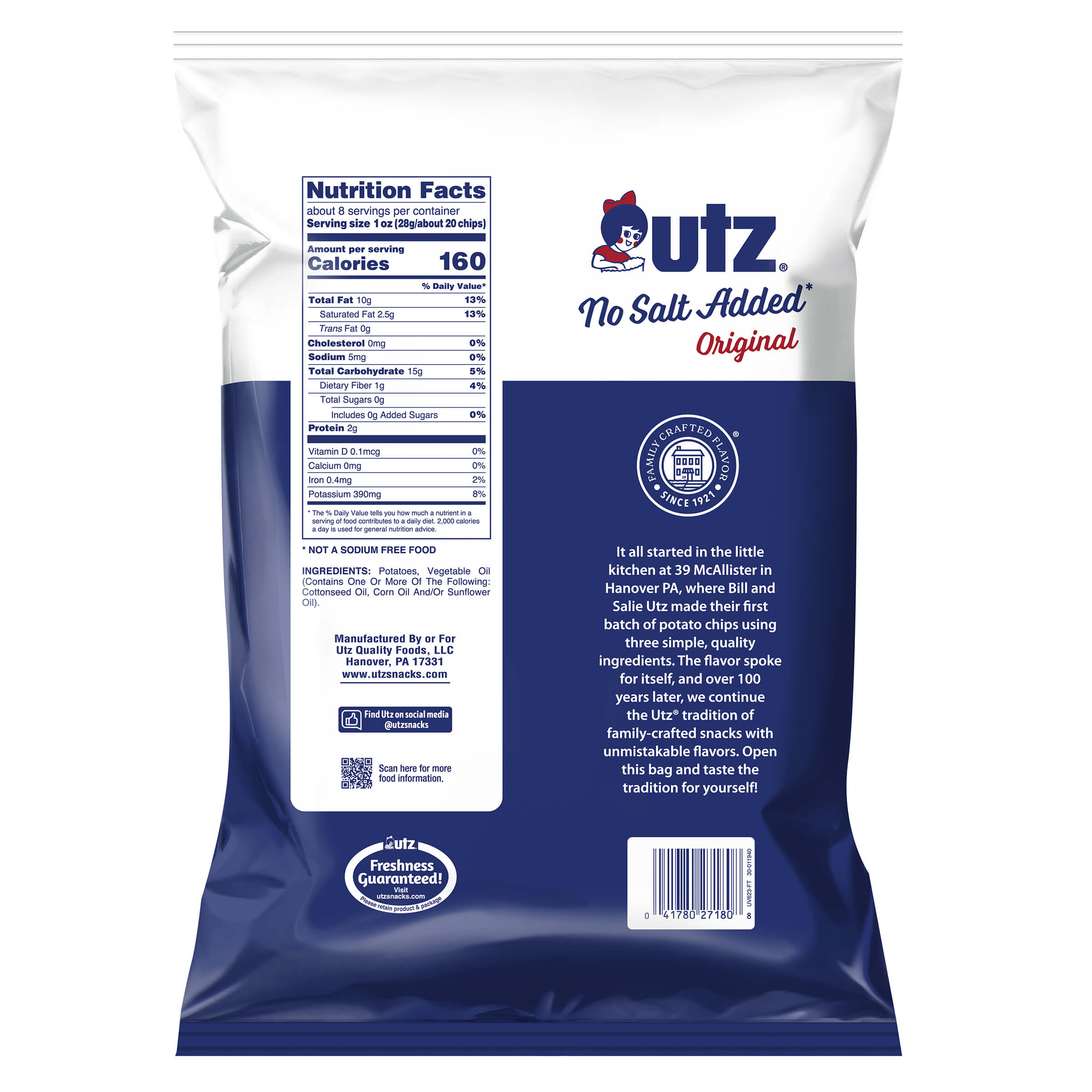 UTZ No Salt Added Original potato chips packaging with nutrition facts label on a white background