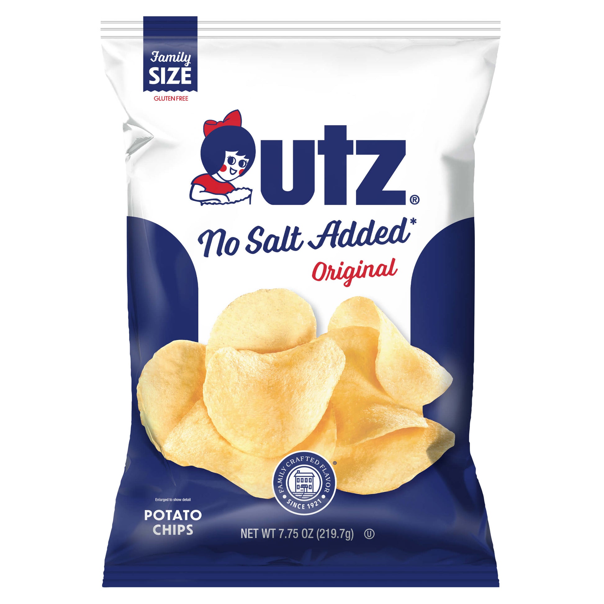 utz no salt added potato chips family size packaging on a white background